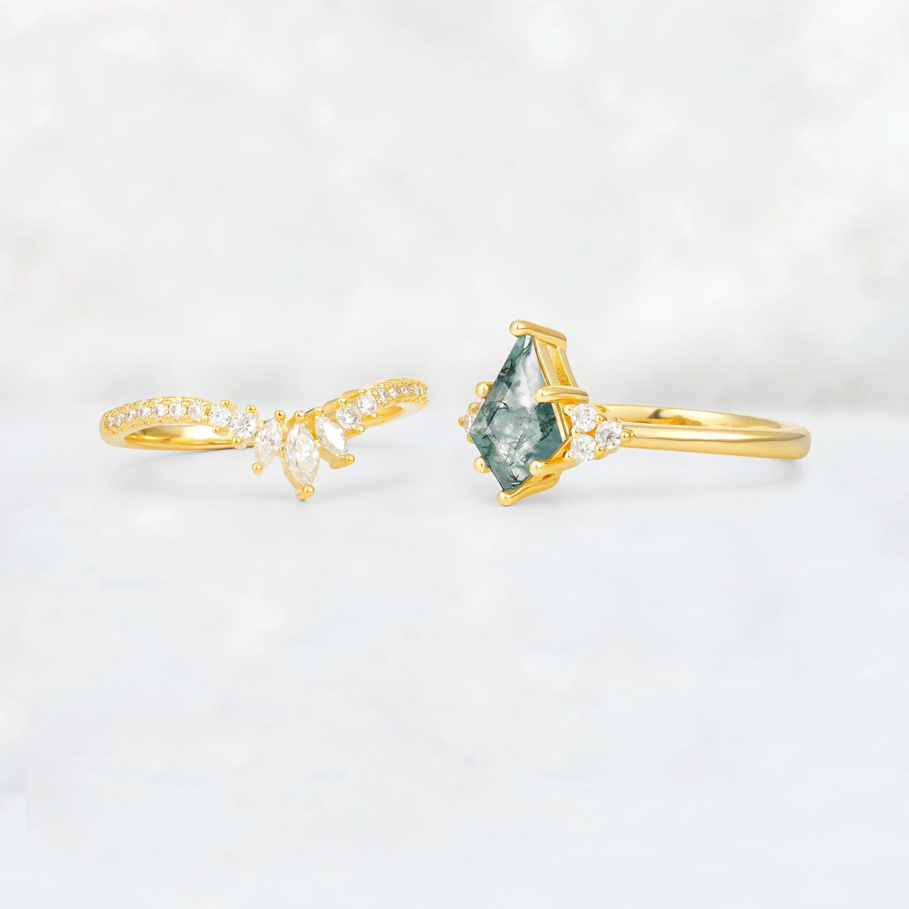 Kite Cut Moss Agate Marquise Cluster Bridal Ring Set - Additional view