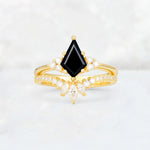 Kite Cut Black Onyx Marquise Cluster Bridal Ring Set - Yellow-Gold