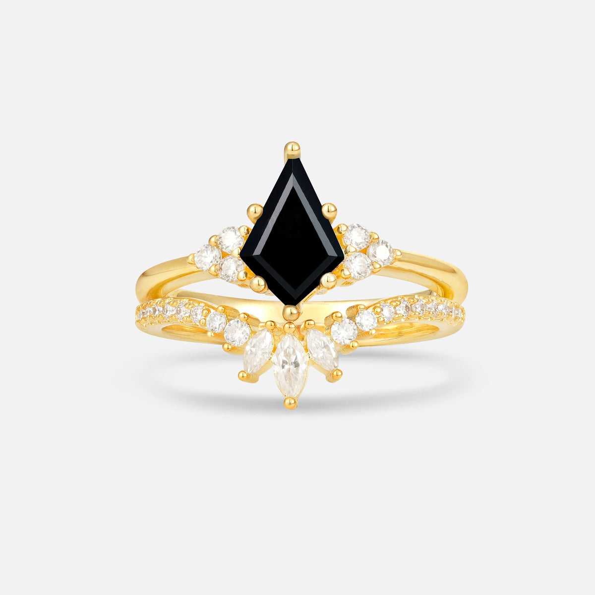 Kite Cut Black Onyx Marquise Cluster Bridal Ring Set - Yellow-Gold