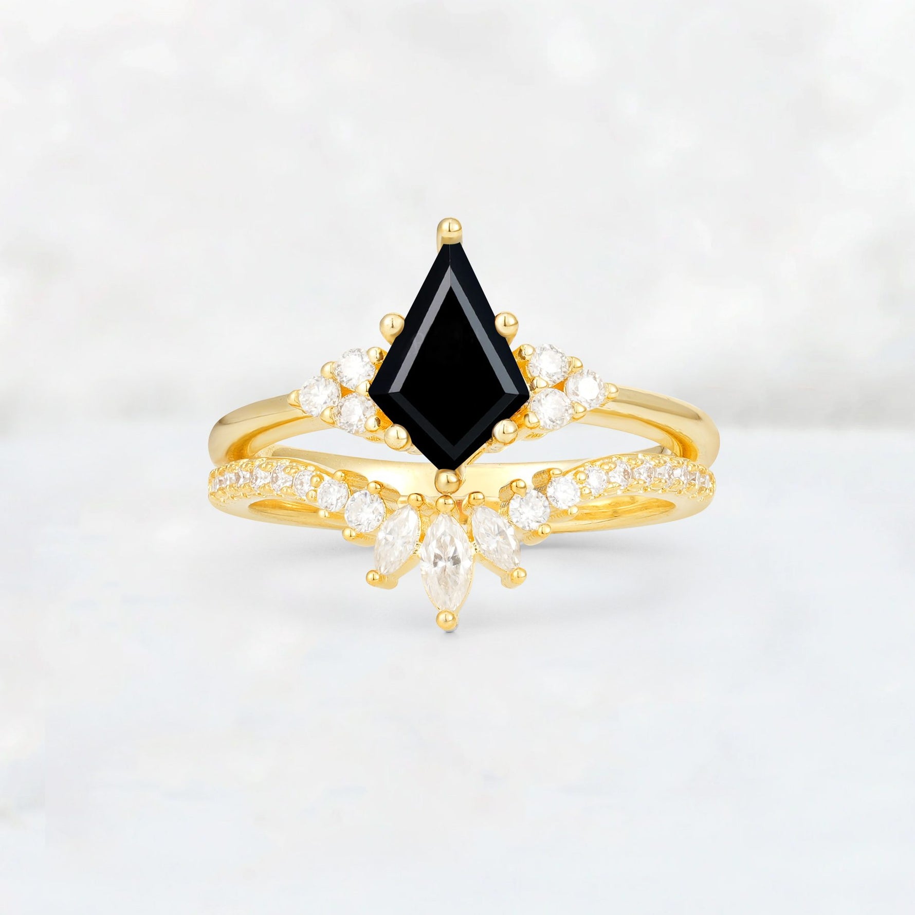 Kite Cut Black Onyx Marquise Cluster Bridal Ring Set - Yellow-Gold