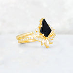 Kite Cut Black Onyx Marquise Cluster Bridal Ring Set - Rose-Gold
