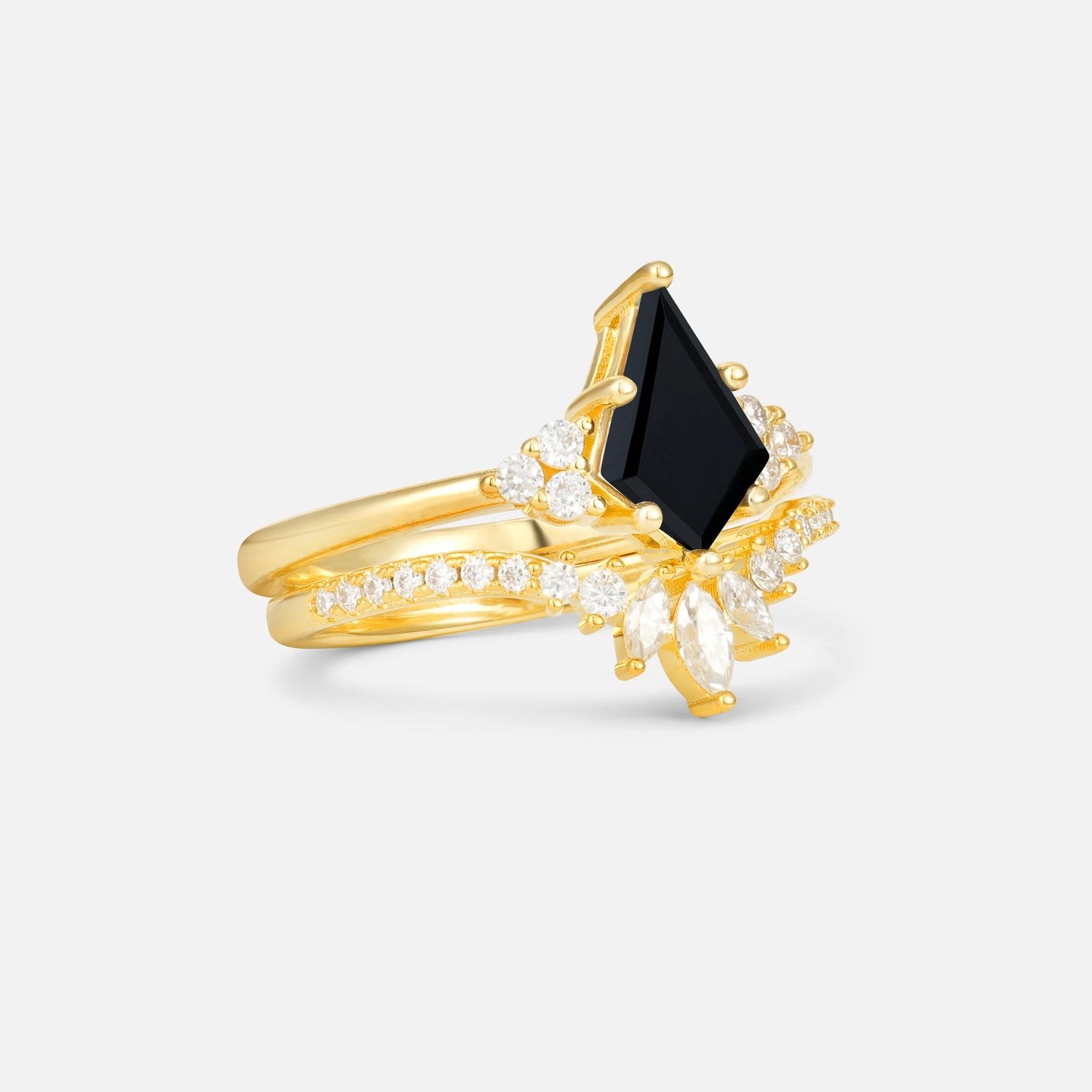 Kite Cut Black Onyx Marquise Cluster Bridal Ring Set - Rose-Gold