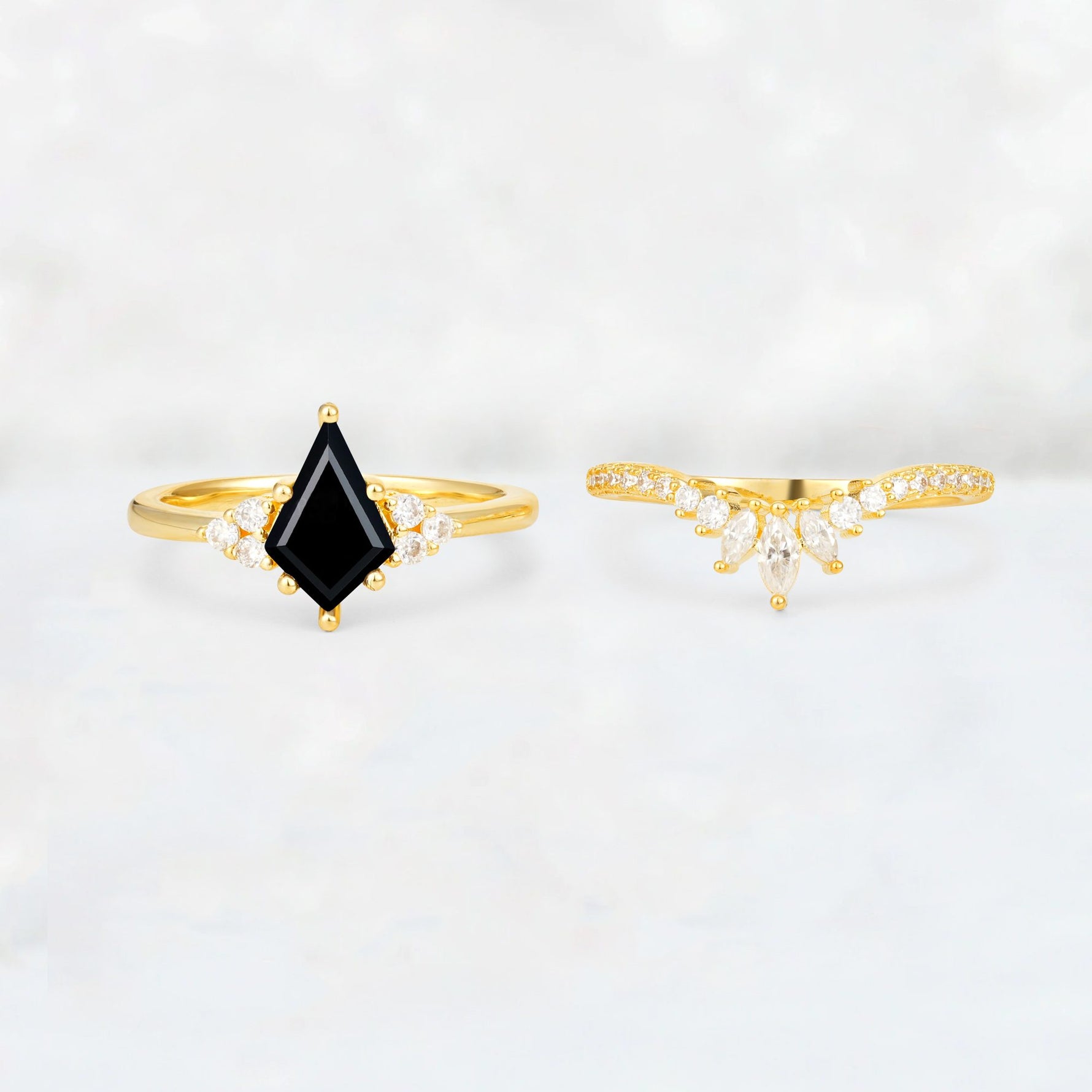 Kite Cut Black Onyx Marquise Cluster Bridal Ring Set - White-Gold