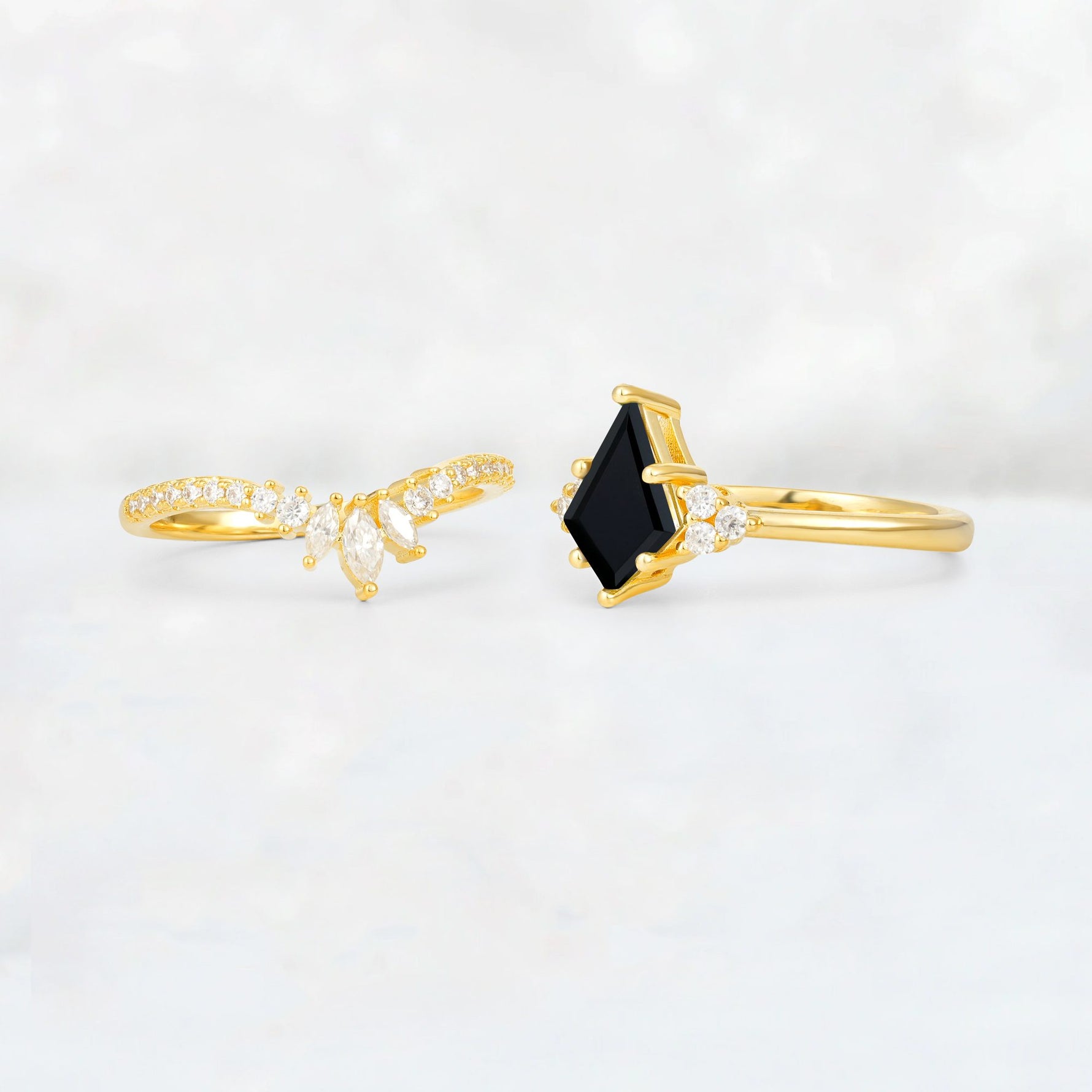 Kite Cut Black Onyx Marquise Cluster Bridal Ring Set - Additional view