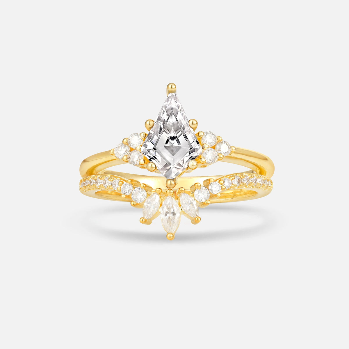 Kite Cut Lab Diamond Marquise Cluster Bridal Ring Set - Yellow-Gold