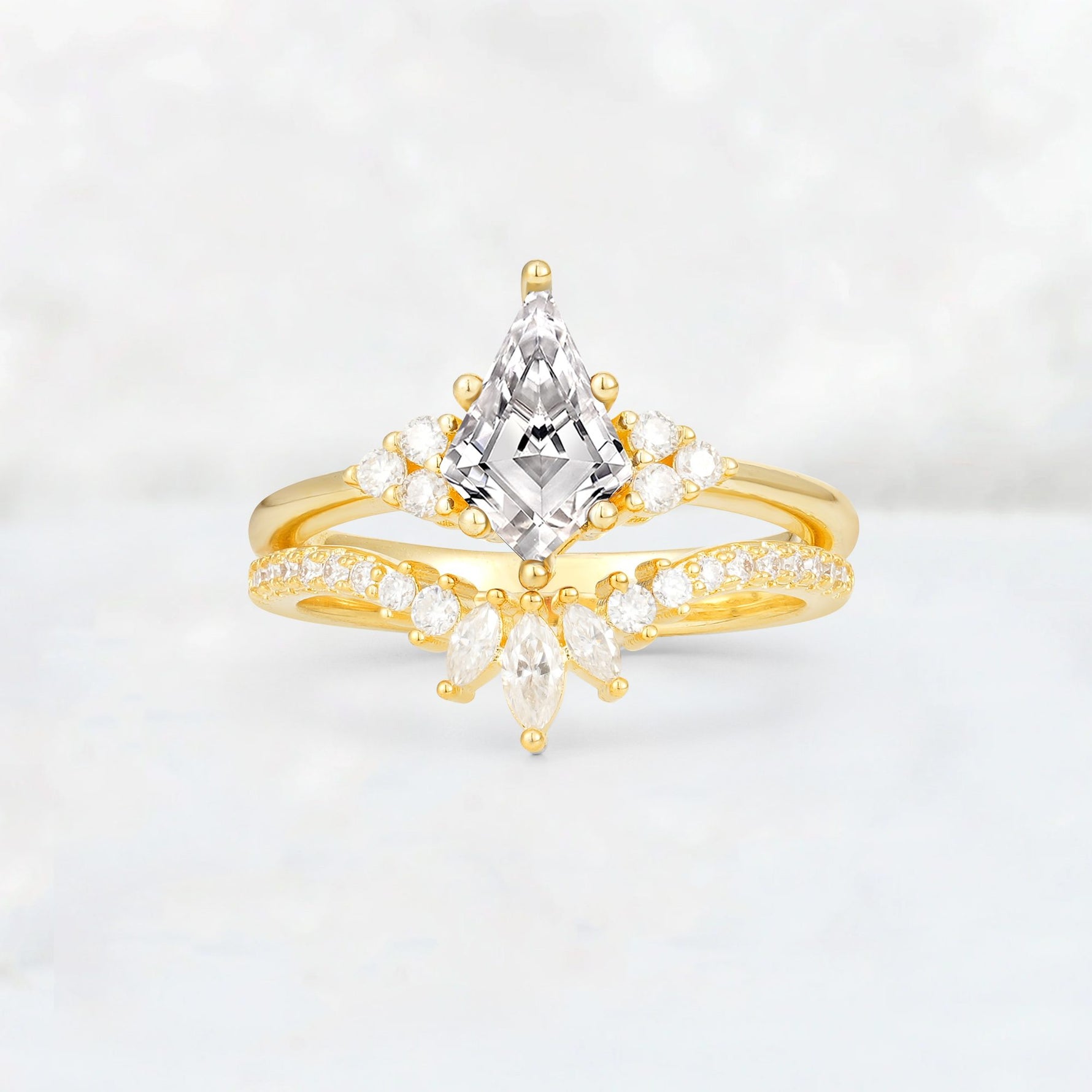 Kite Cut Lab Diamond Marquise Cluster Bridal Ring Set - Yellow-Gold