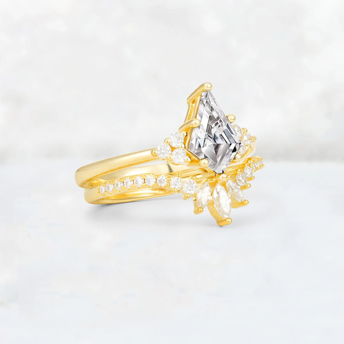 Kite Cut Lab Diamond Marquise Cluster Bridal Ring Set - Rose-Gold