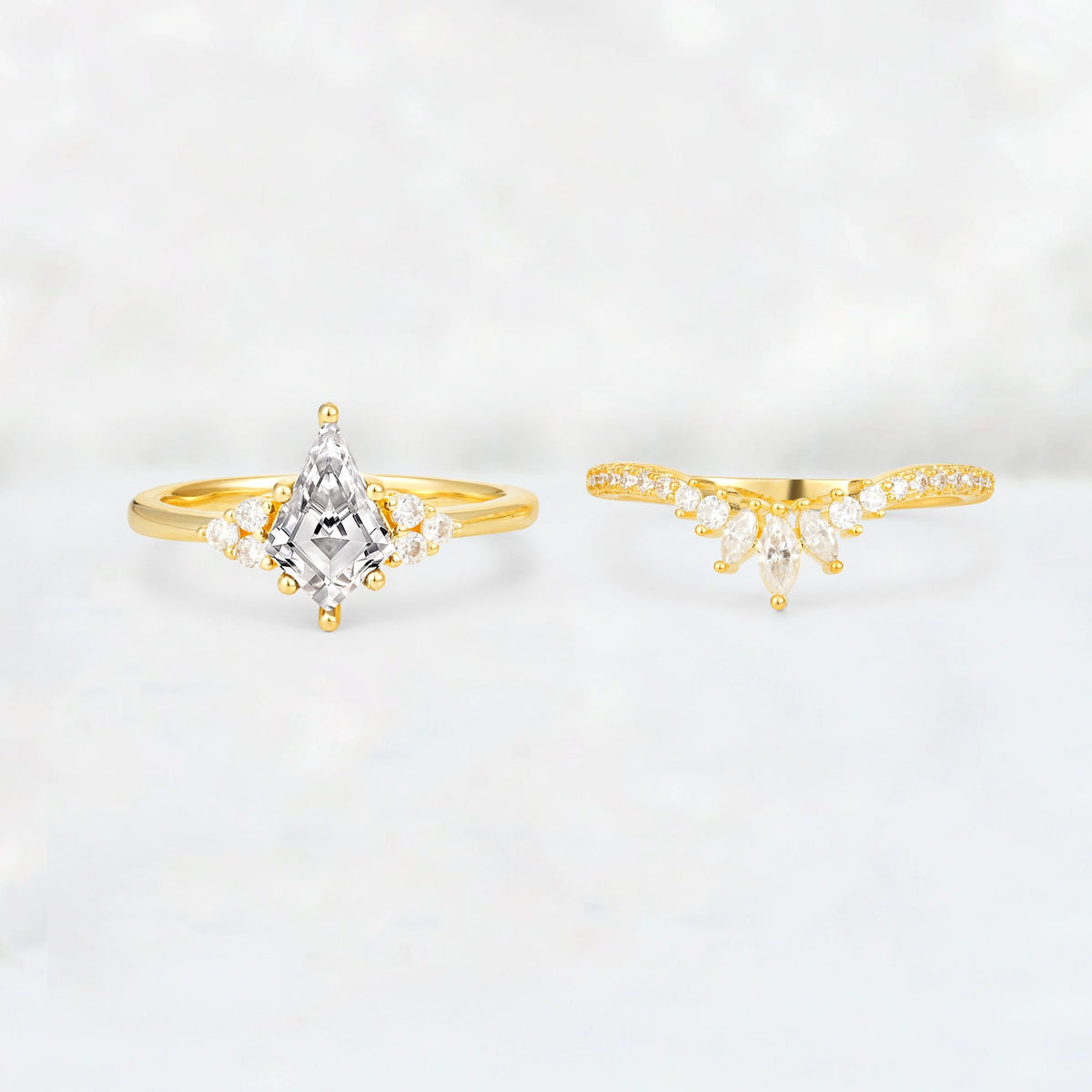 Kite Cut Lab Diamond Marquise Cluster Bridal Ring Set - White-Gold
