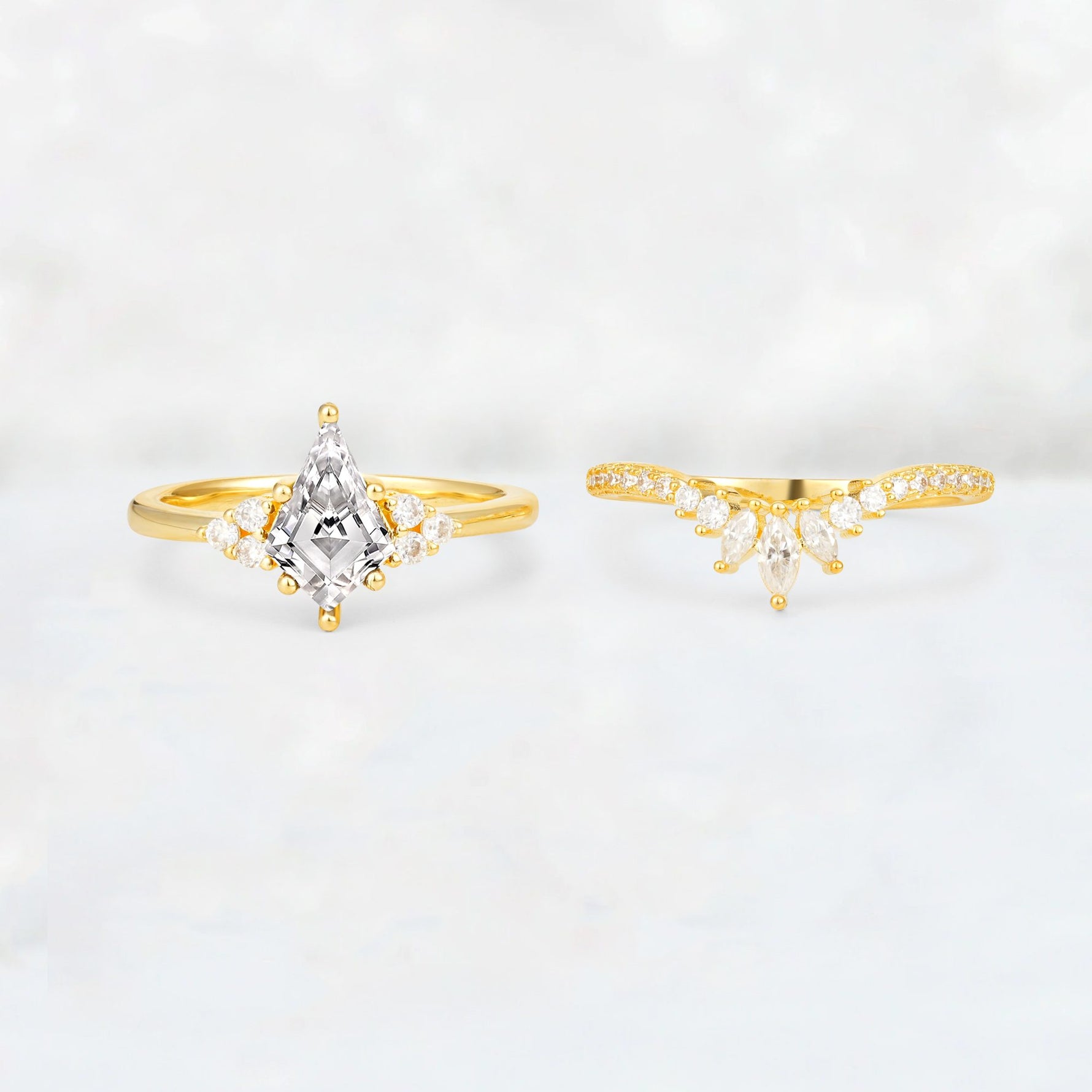 Kite Cut Lab Diamond Marquise Cluster Bridal Ring Set - White-Gold