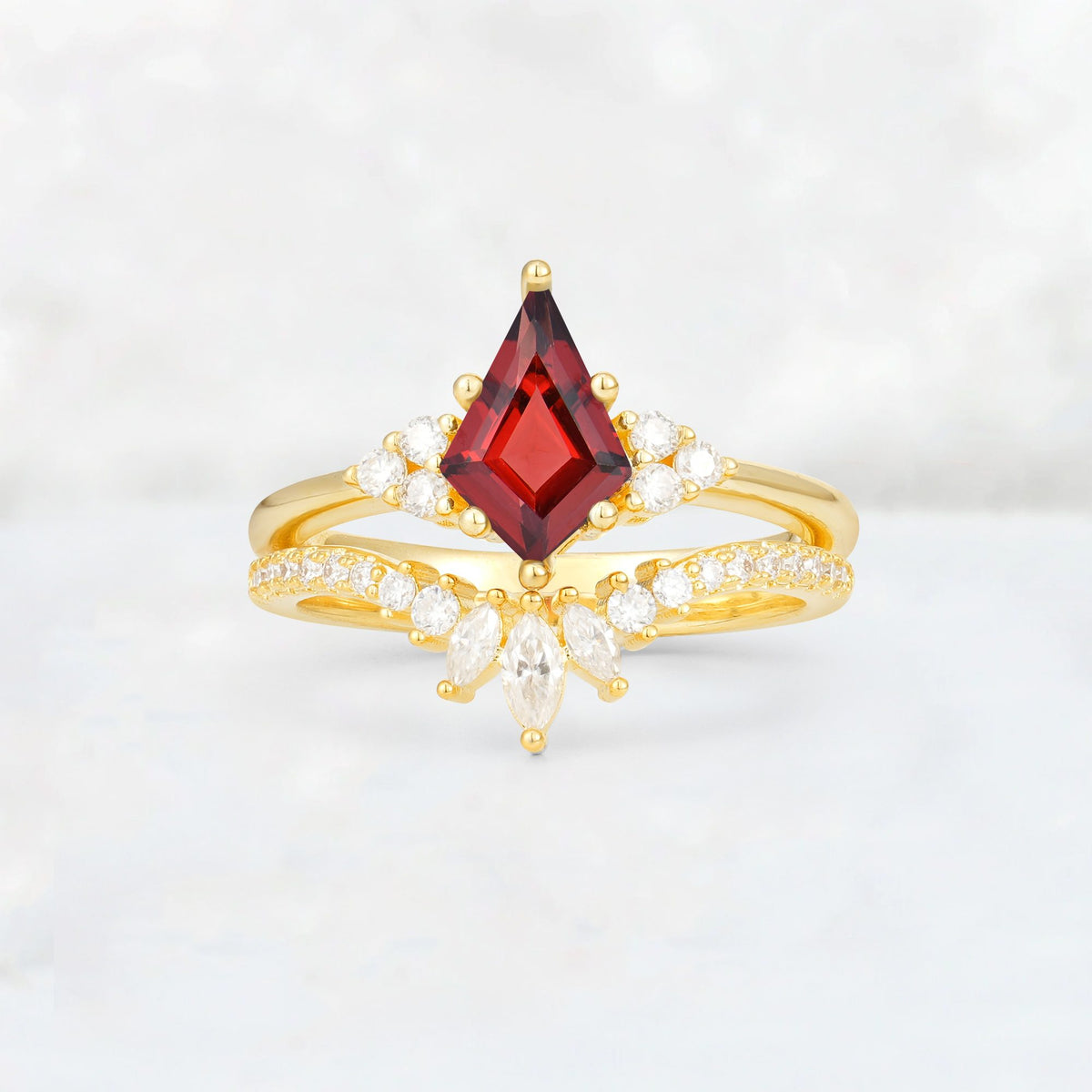 Kite Cut Garnet Marquise Cluster Bridal Ring Set - Yellow-Gold