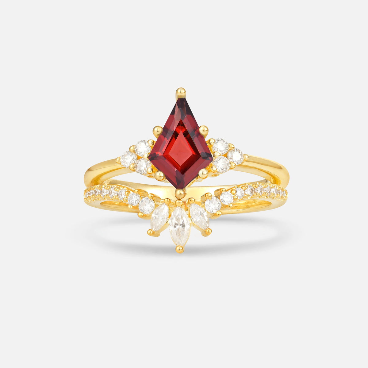 Kite Cut Garnet Marquise Cluster Bridal Ring Set - Yellow-Gold
