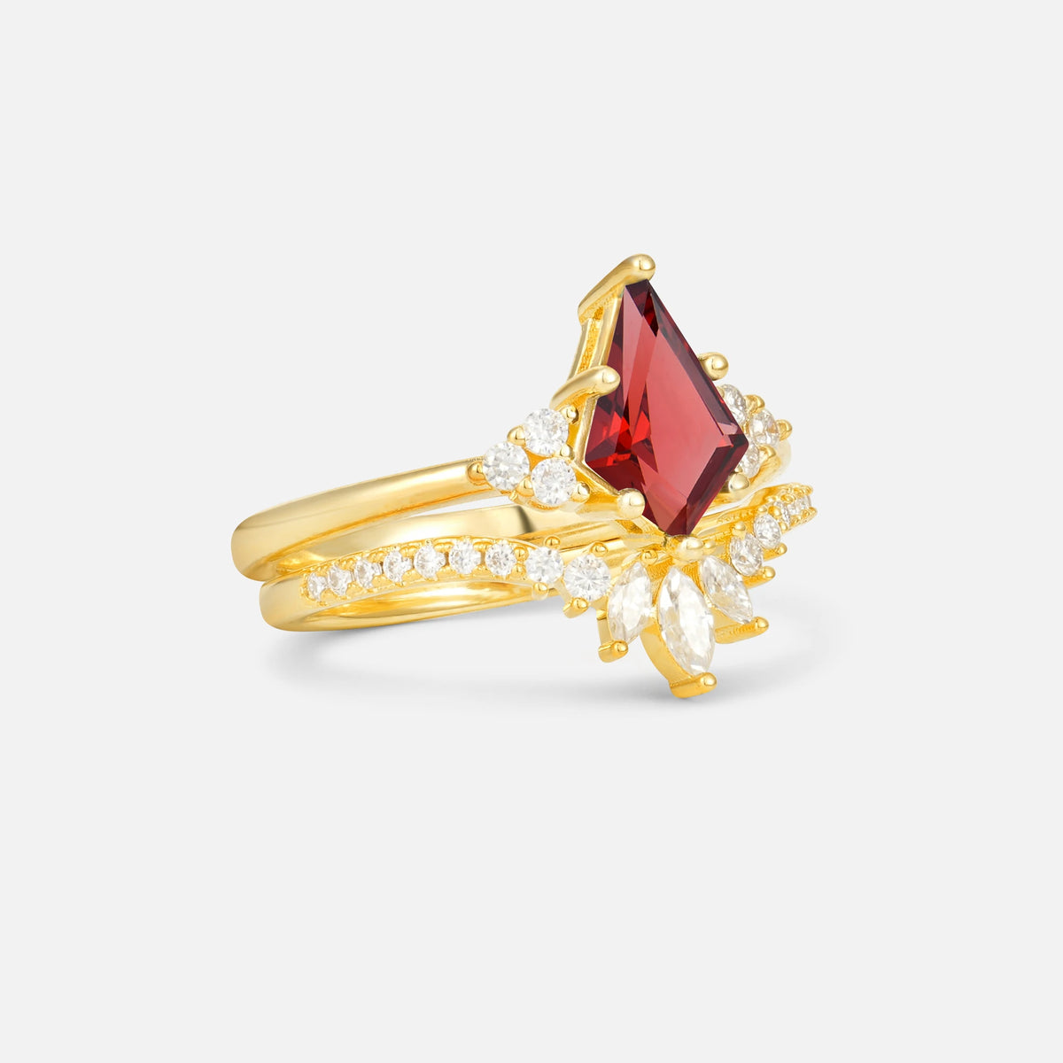 Kite Cut Garnet Marquise Cluster Bridal Ring Set - Rose-Gold