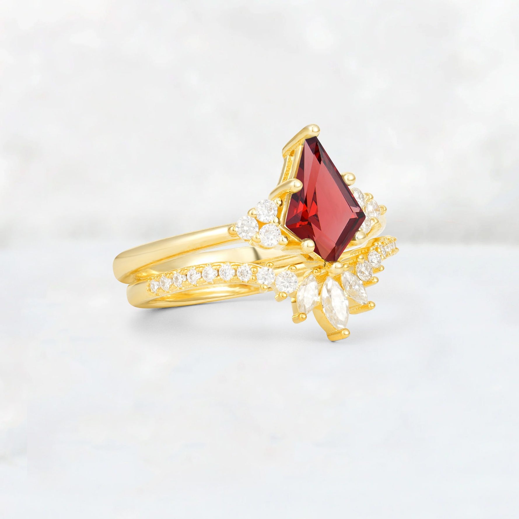 Kite Cut Garnet Marquise Cluster Bridal Ring Set - Rose-Gold