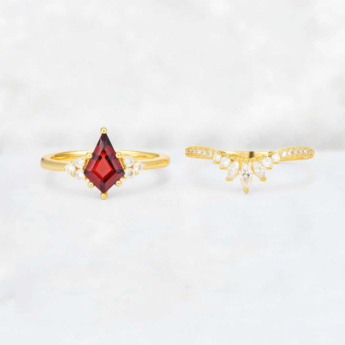 Kite Cut Garnet Marquise Cluster Bridal Ring Set - White-Gold