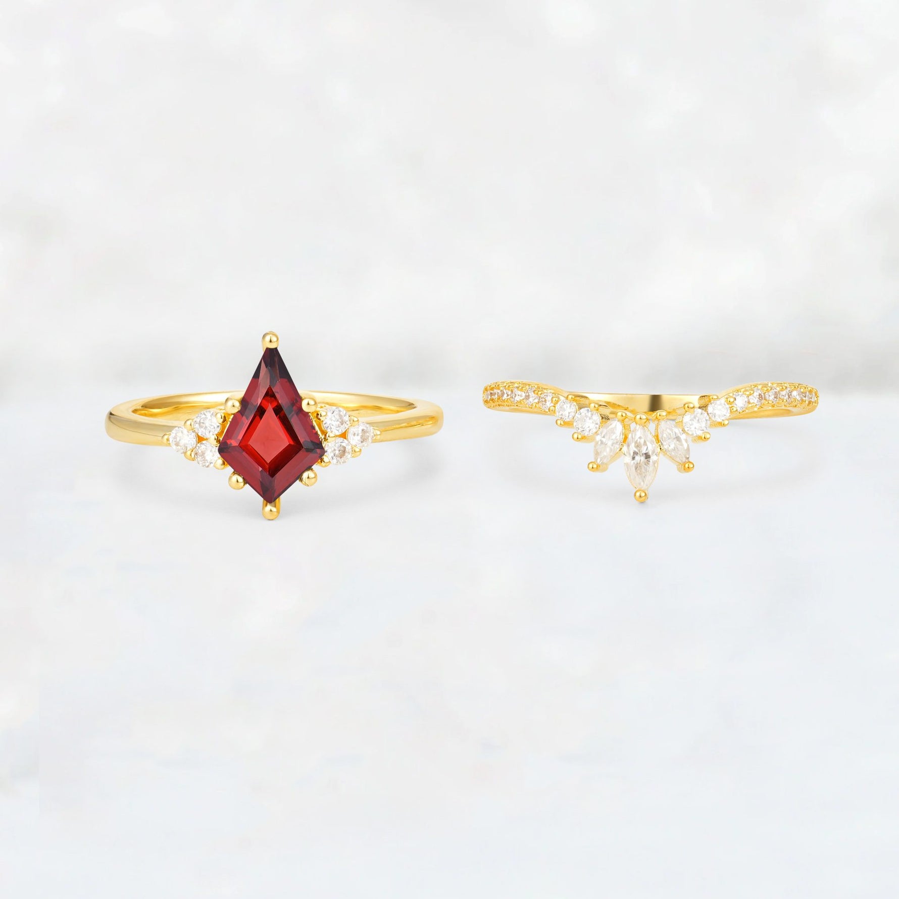 Kite Cut Garnet Marquise Cluster Bridal Ring Set - White-Gold