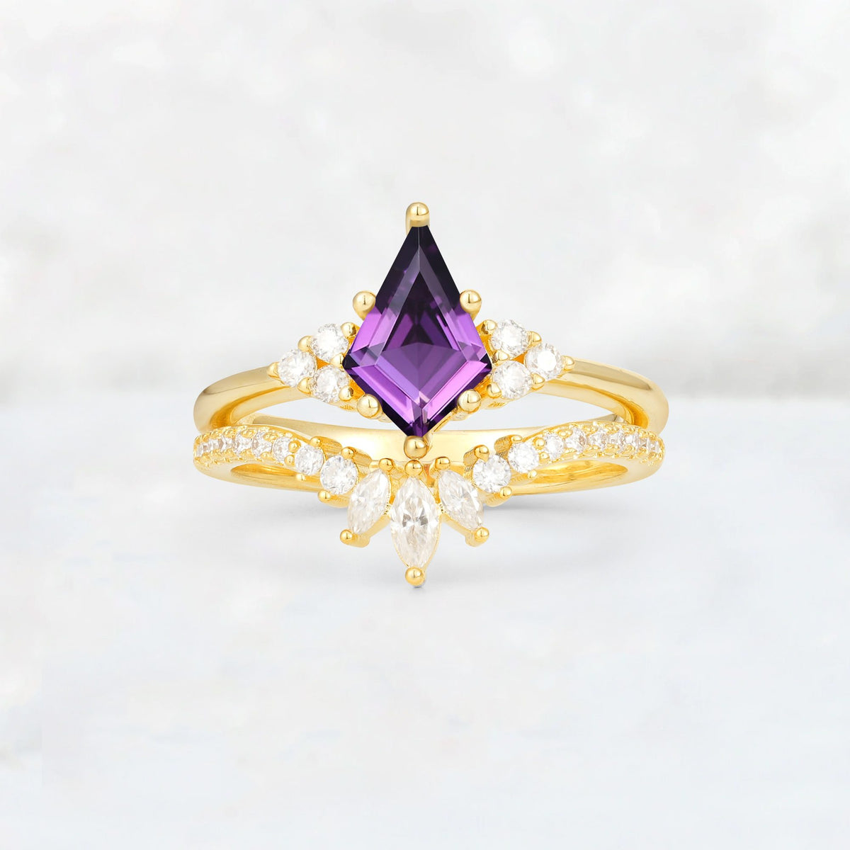 Kite Cut Amethyst Marquise Cluster Bridal Ring Set - Yellow-Gold