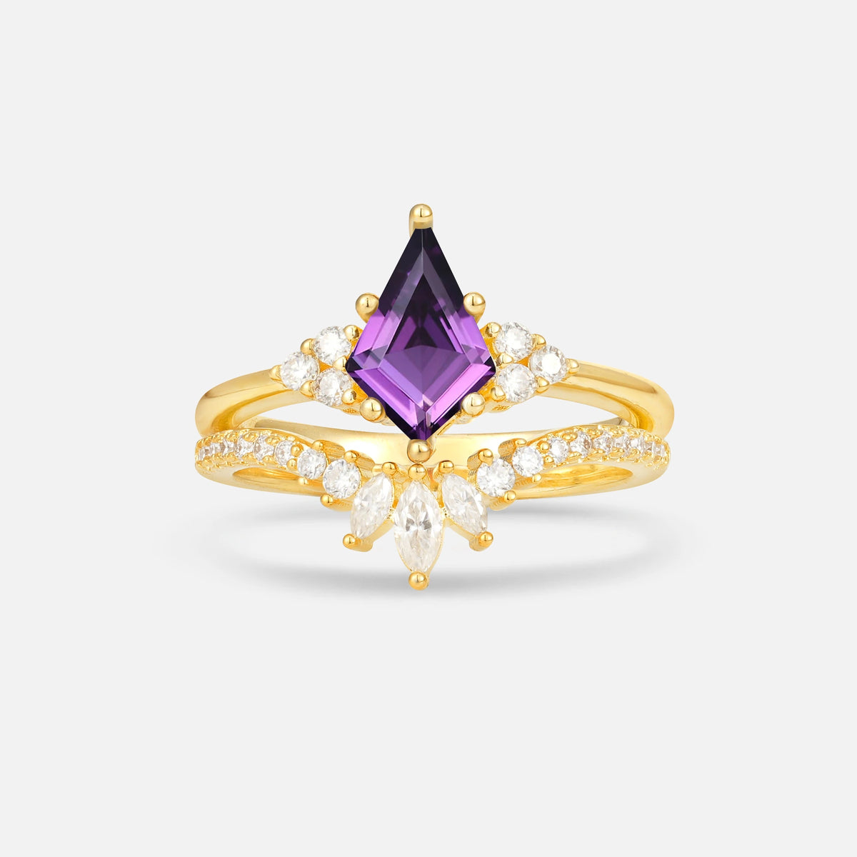 Kite Cut Amethyst Marquise Cluster Bridal Ring Set - Yellow-Gold