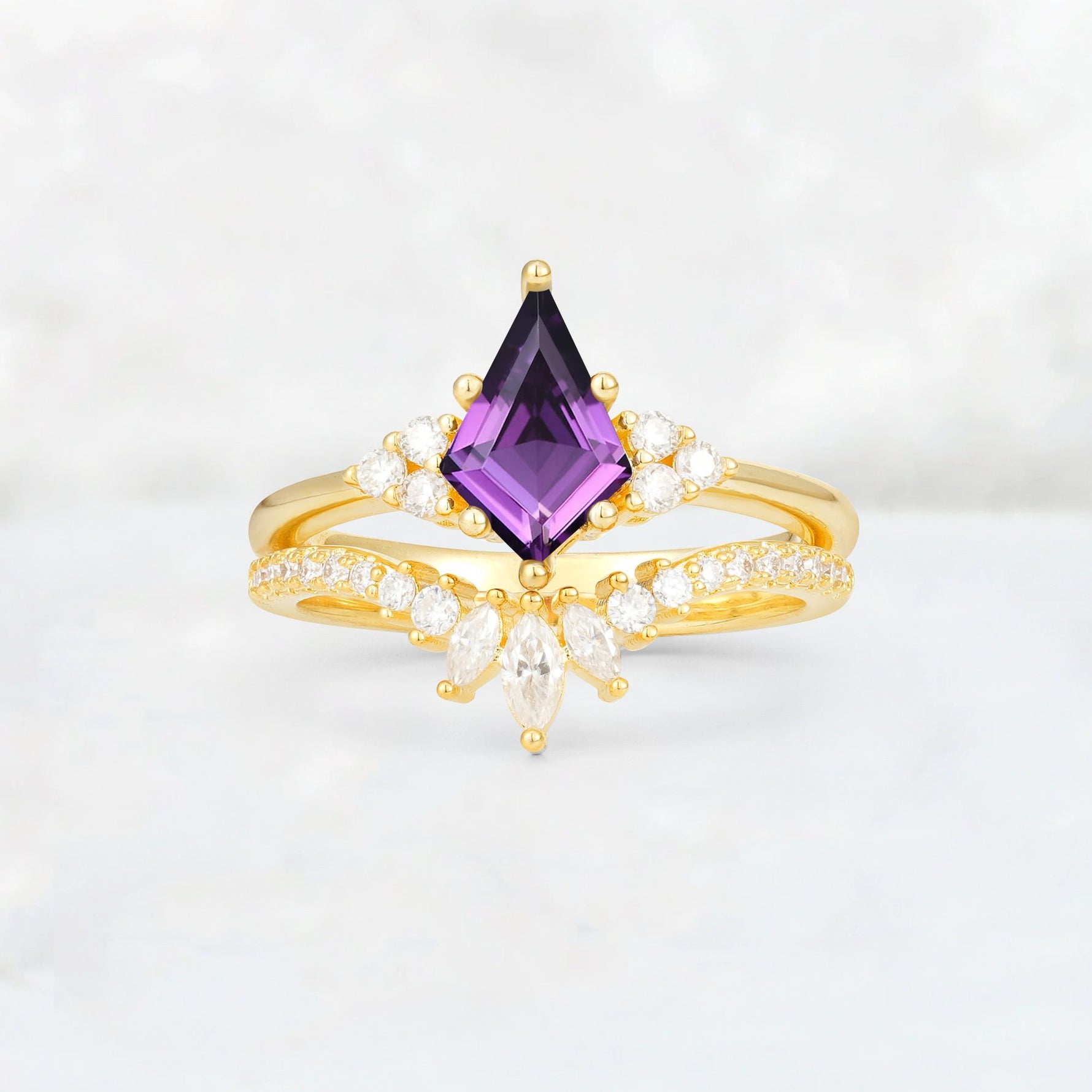 Kite Cut Amethyst Marquise Cluster Bridal Ring Set - Yellow-Gold