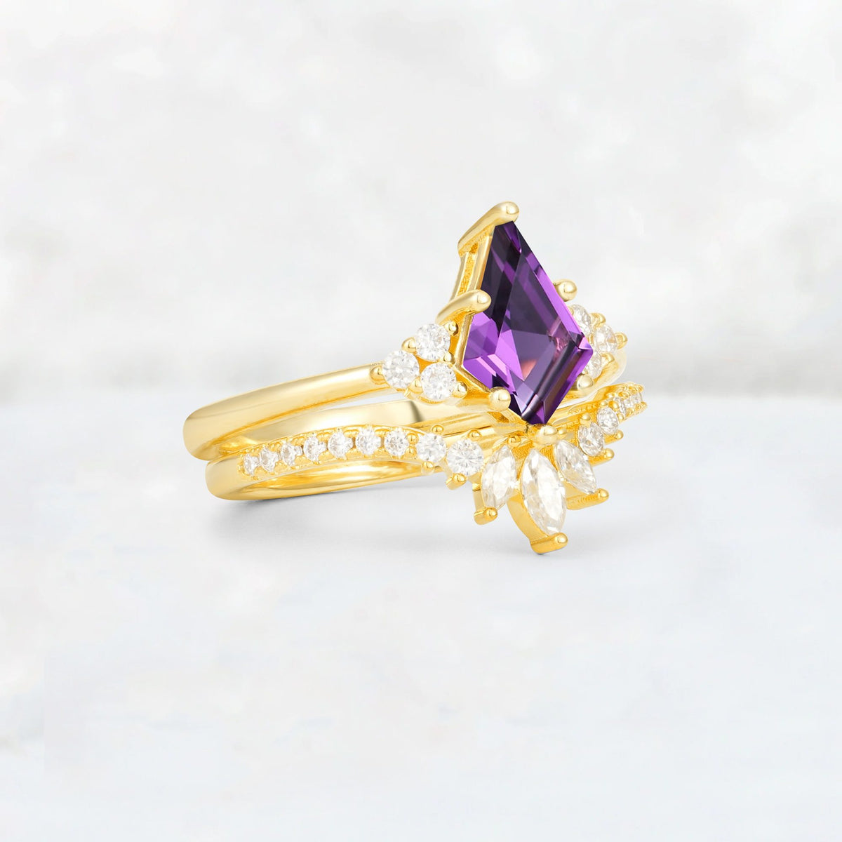 Kite Cut Amethyst Marquise Cluster Bridal Ring Set - Rose-Gold