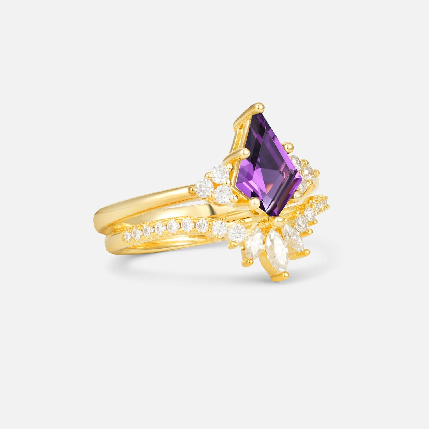 Kite Cut Amethyst Marquise Cluster Bridal Ring Set - Rose-Gold