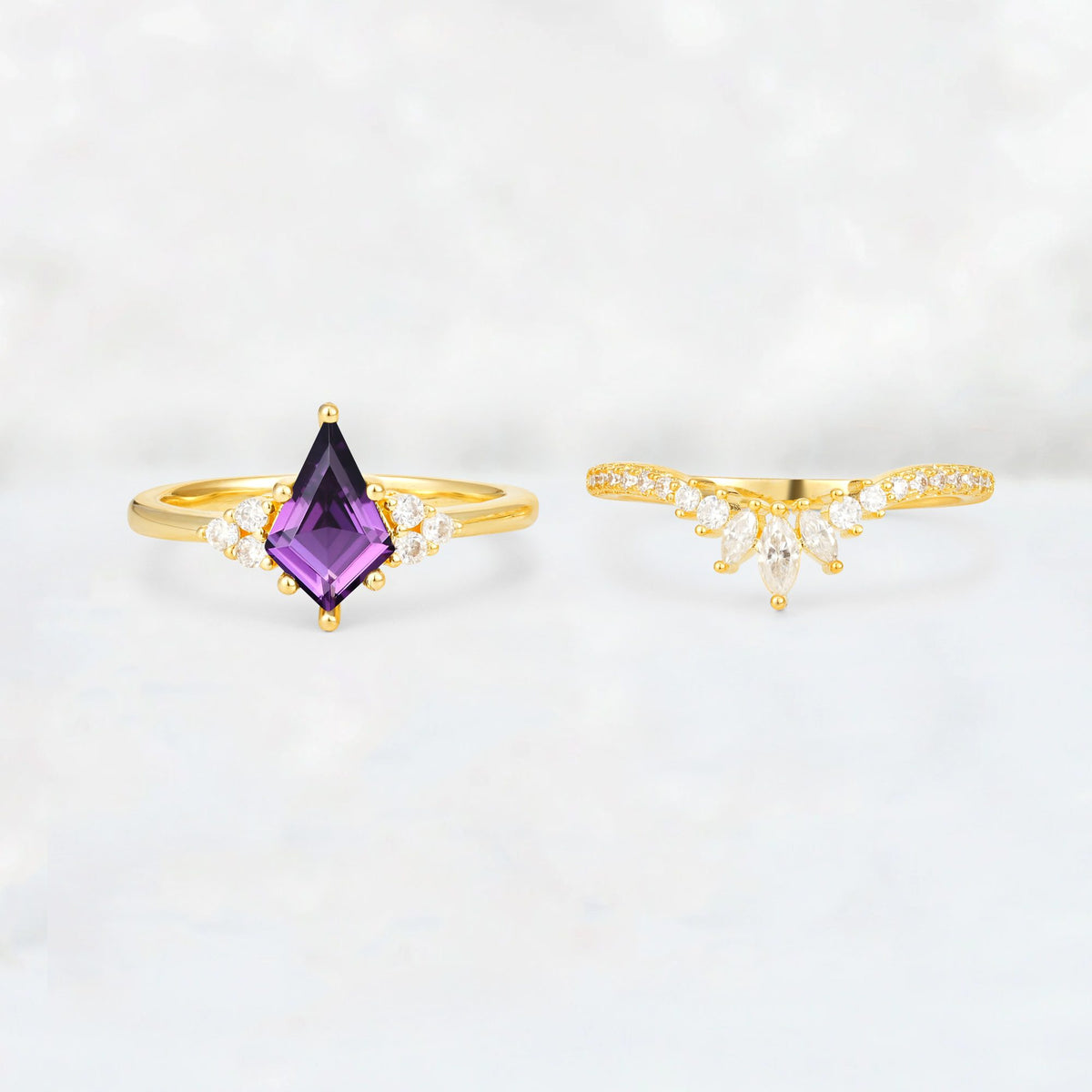 Kite Cut Amethyst Marquise Cluster Bridal Ring Set - White-Gold