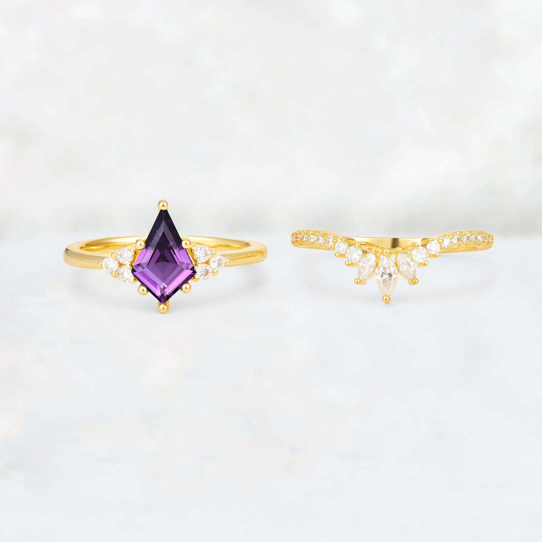 Kite Cut Amethyst Marquise Cluster Bridal Ring Set - White-Gold