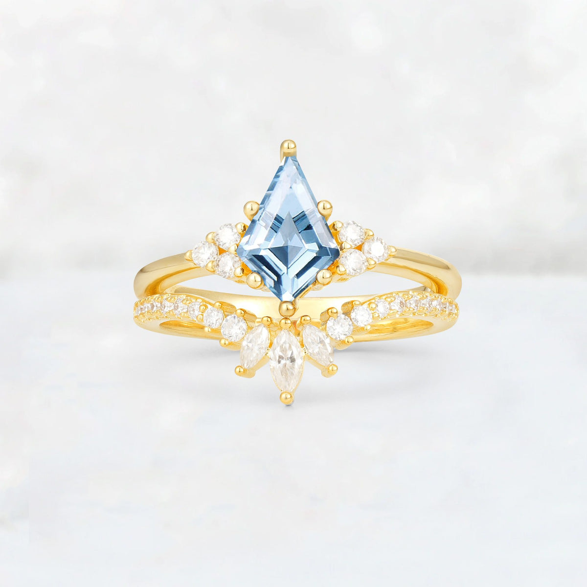 Kite Cut Aquamarine Marquise Cluster Bridal Ring Set - Yellow-Gold