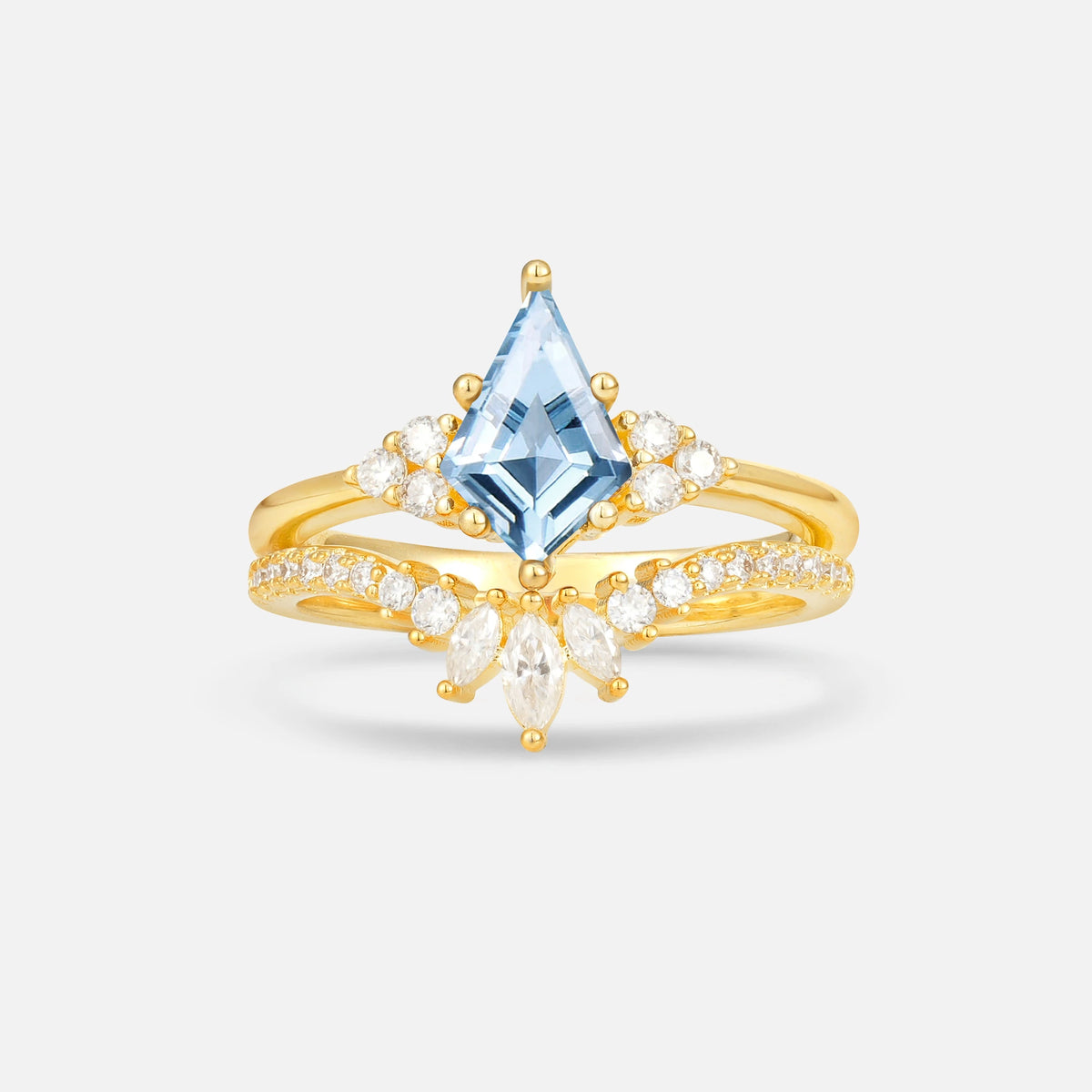 Kite Cut Aquamarine Marquise Cluster Bridal Ring Set - Yellow-Gold