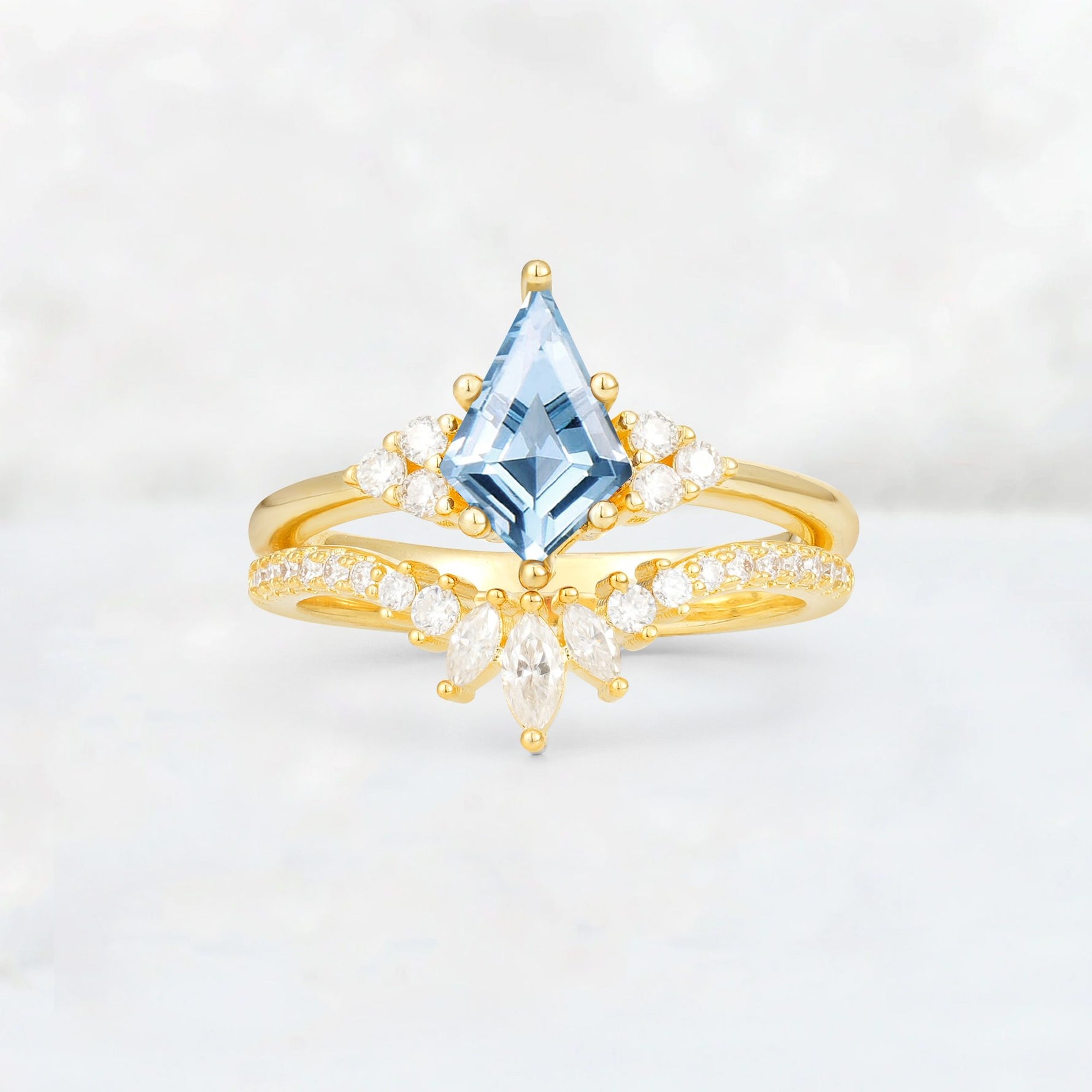 Kite Cut Aquamarine Marquise Cluster Bridal Ring Set - Yellow-Gold