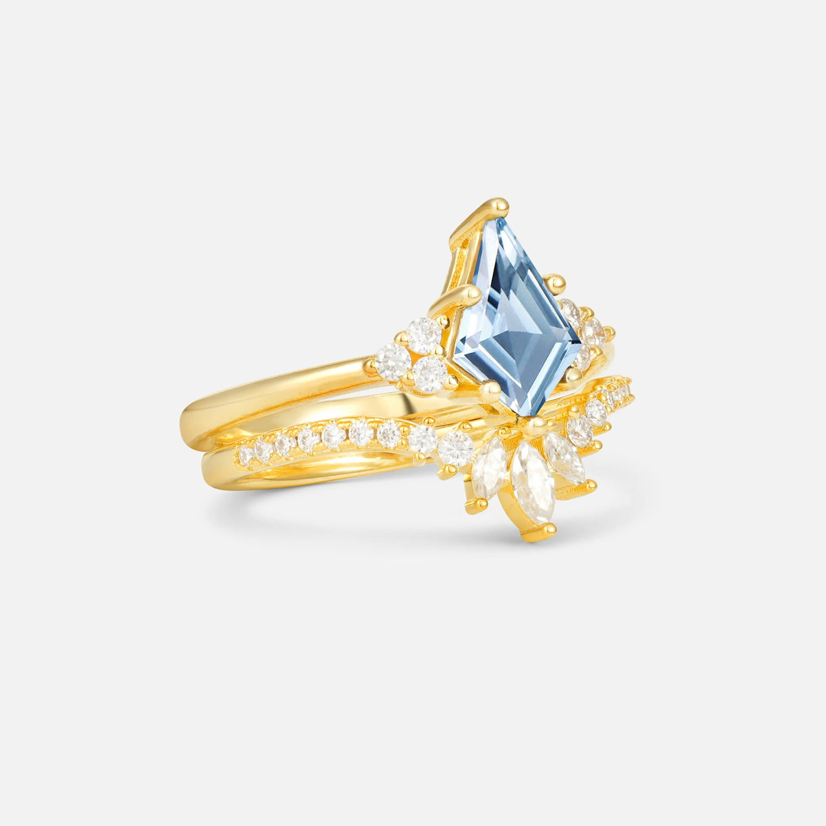 Kite Cut Aquamarine Marquise Cluster Bridal Ring Set - Rose-Gold