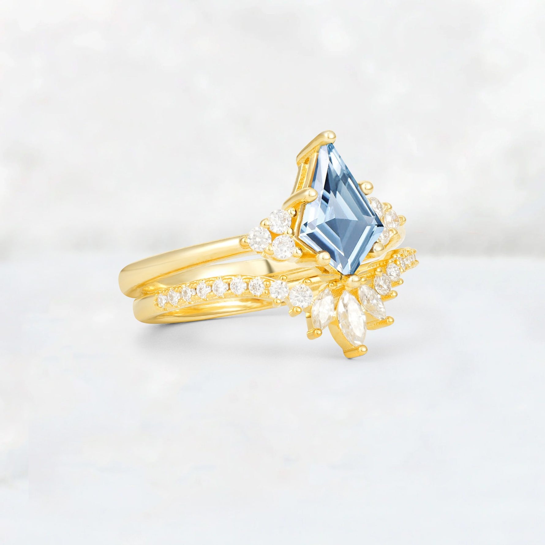 Kite Cut Aquamarine Marquise Cluster Bridal Ring Set - Rose-Gold