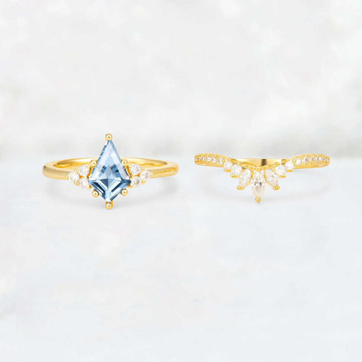 Kite Cut Aquamarine Marquise Cluster Bridal Ring Set - White-Gold