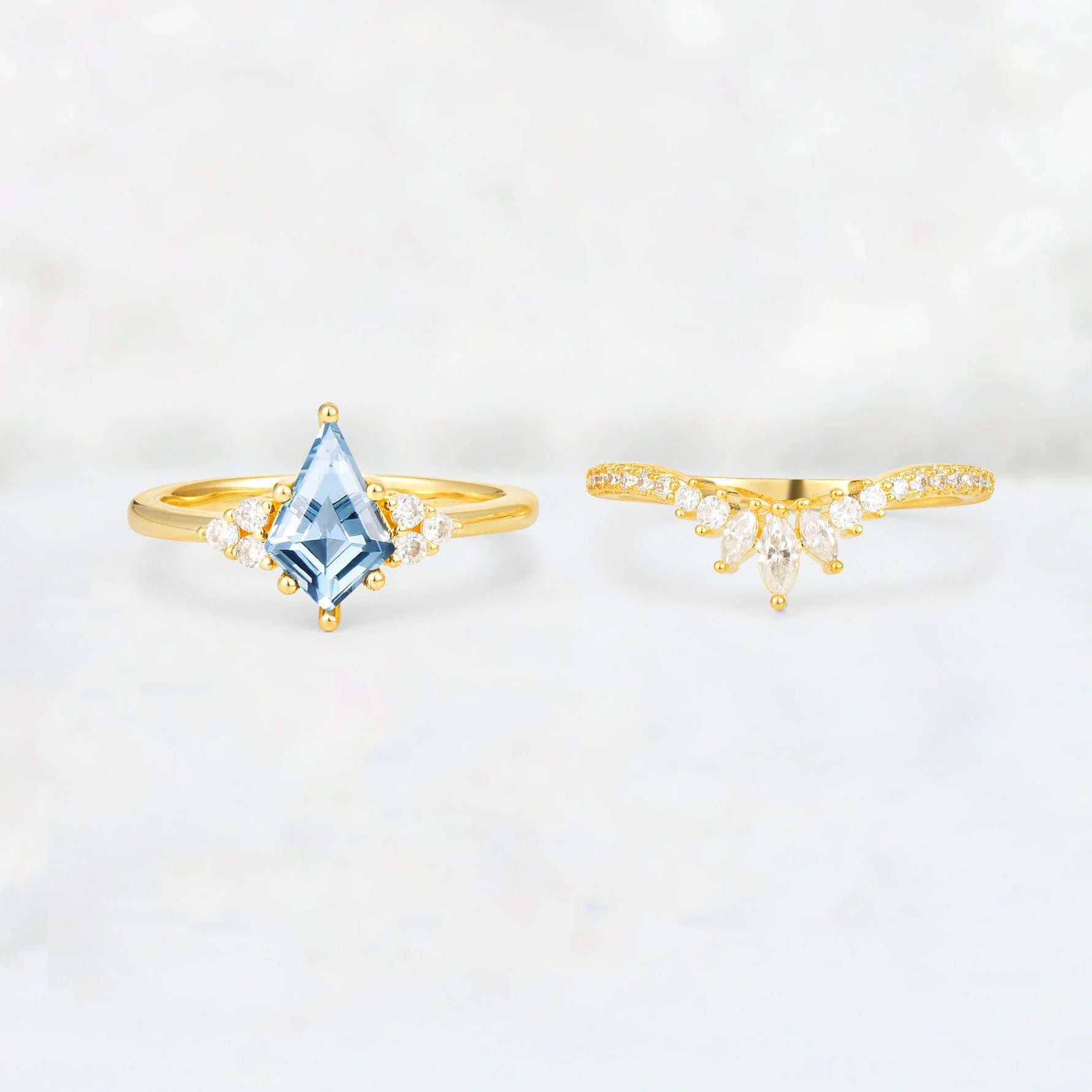 Kite Cut Aquamarine Marquise Cluster Bridal Ring Set - White-Gold