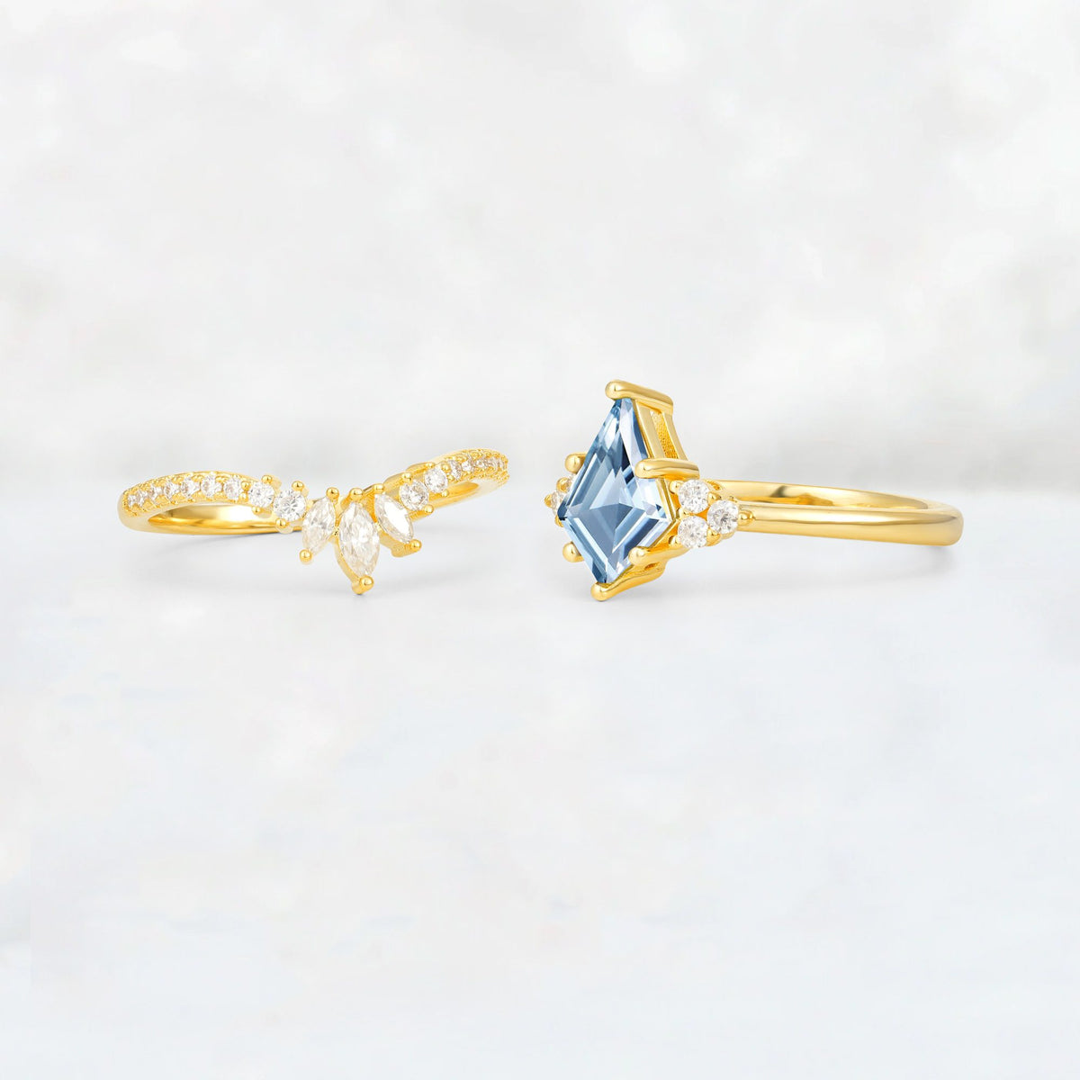 Kite Cut Aquamarine Marquise Cluster Bridal Ring Set - Additional view
