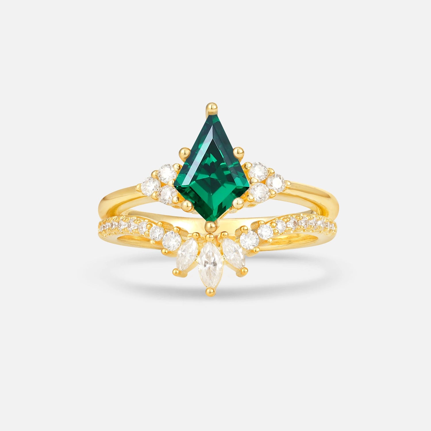 Kite Cut Emerald Marquise Cluster Bridal Ring Set - Yellow-Gold