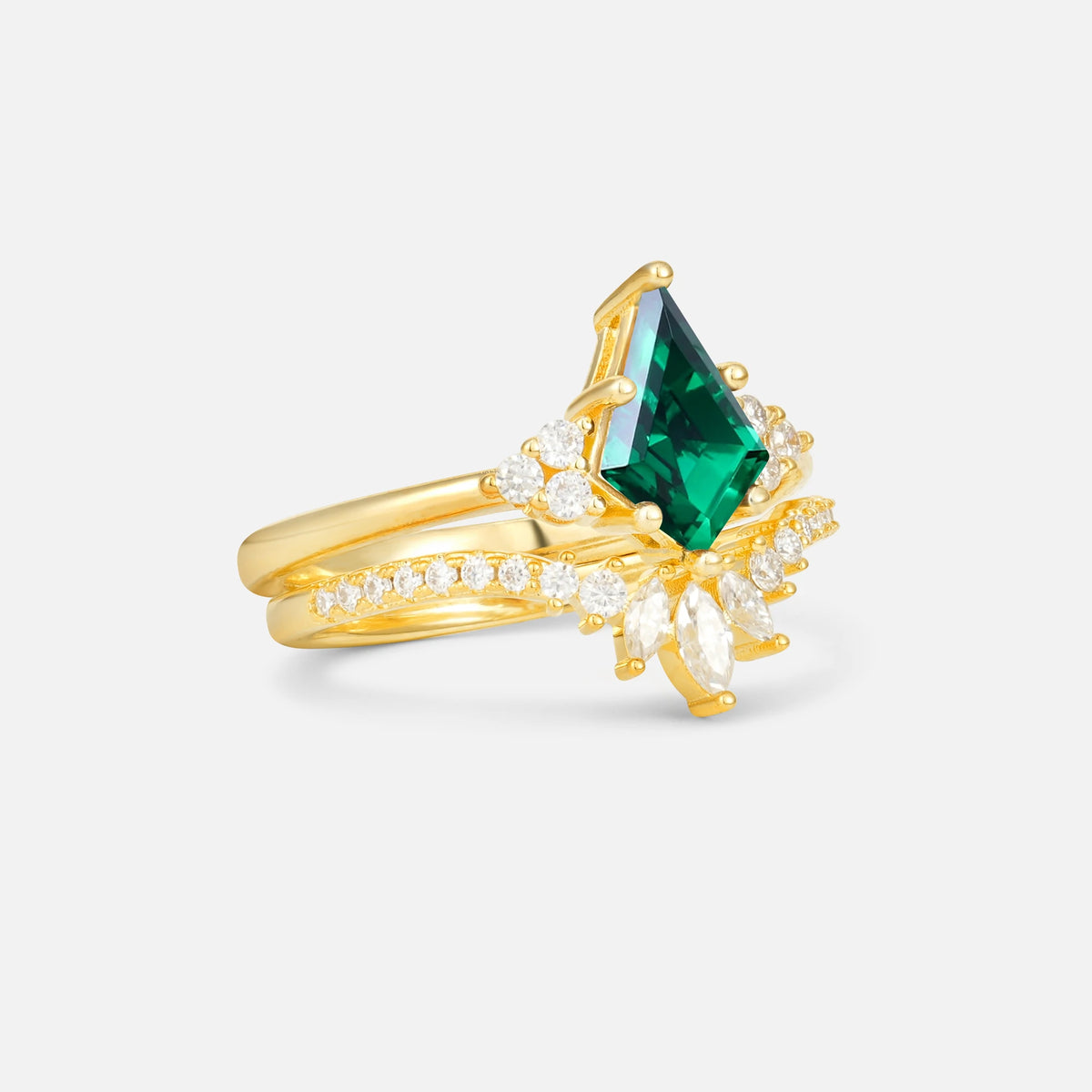 Kite Cut Emerald Marquise Cluster Bridal Ring Set - Rose-Gold