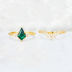 Kite Cut Emerald Marquise Cluster Bridal Ring Set - White-Gold