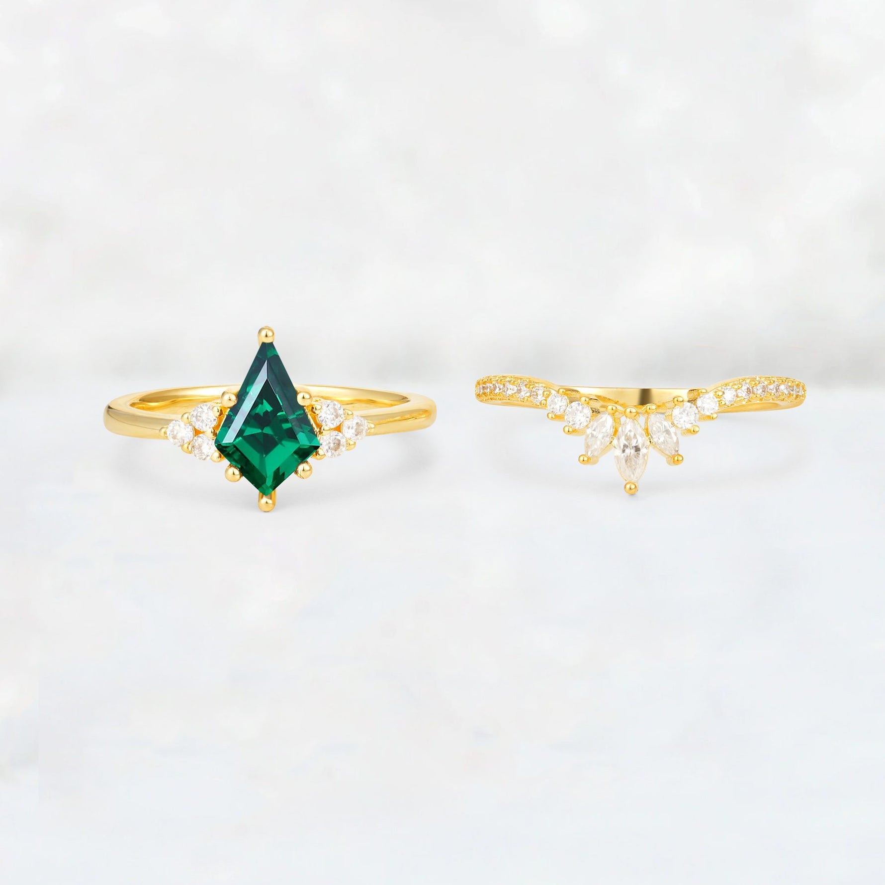 Kite Cut Emerald Marquise Cluster Bridal Ring Set - White-Gold