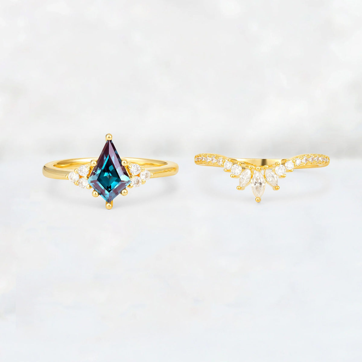 Kite Cut Alexandrite Marquise Cluster Bridal Ring Set - White-Gold