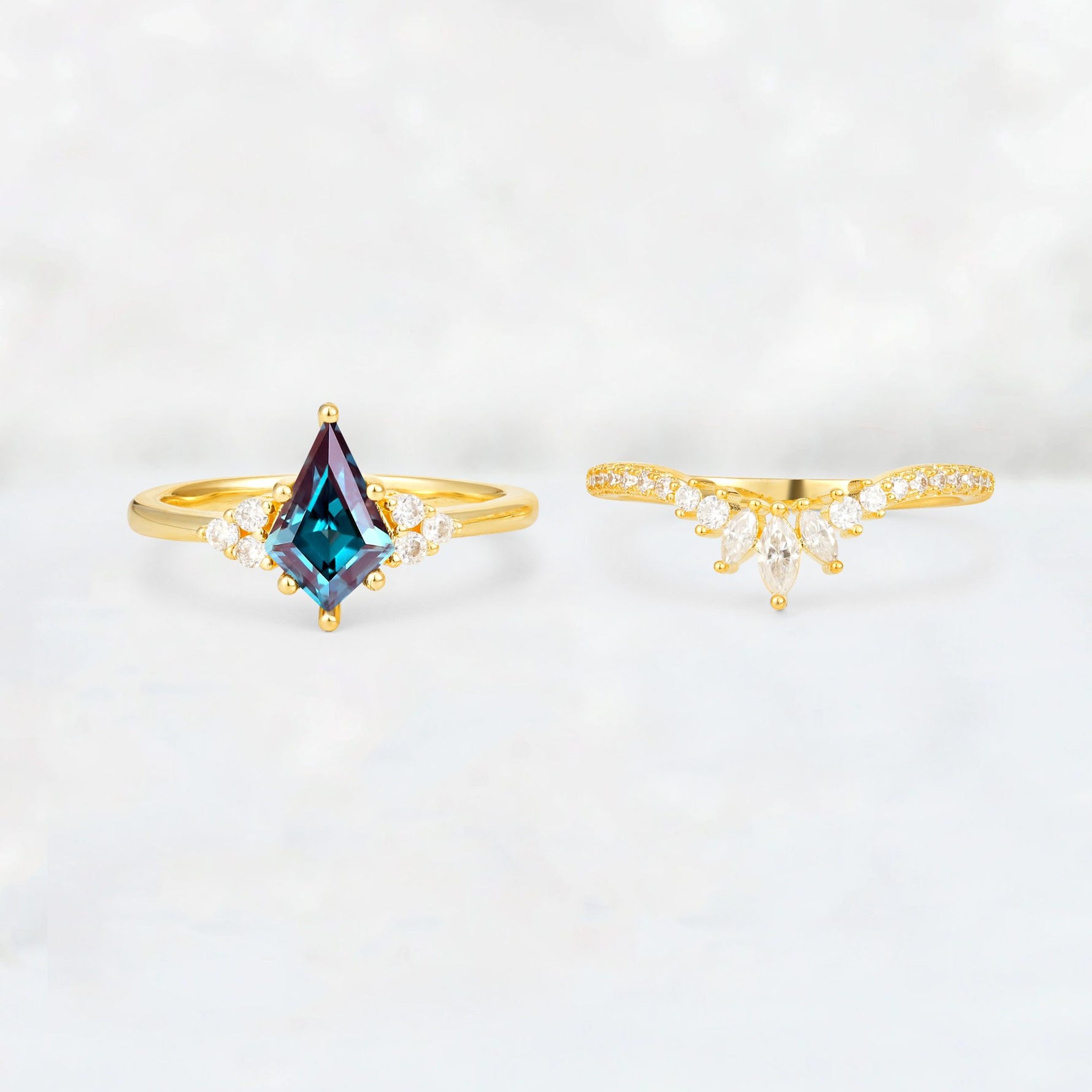 Kite Cut Alexandrite Marquise Cluster Bridal Ring Set - White-Gold