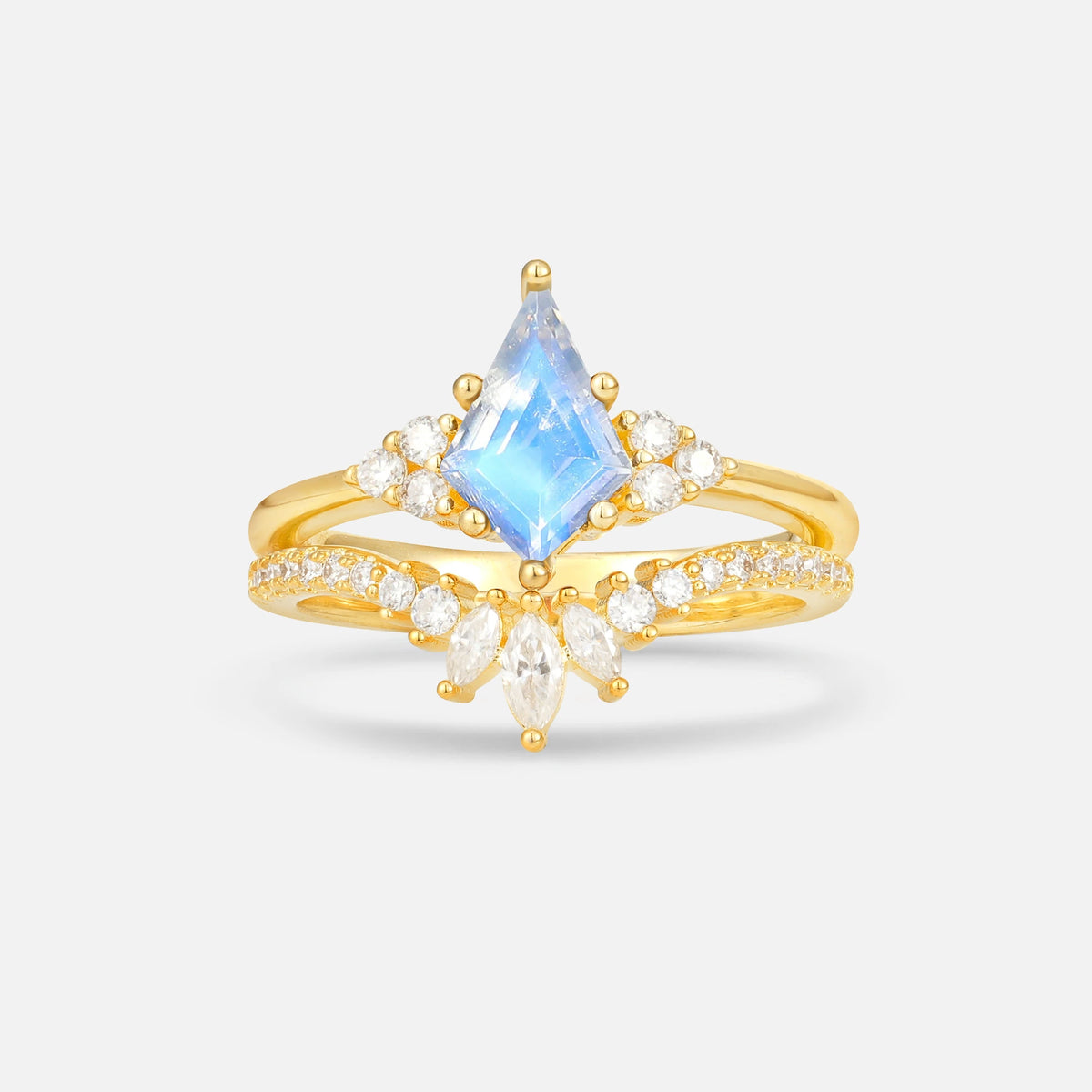 Kite Cut Moonstone Marquise Cluster Bridal Ring Set - Yellow-Gold