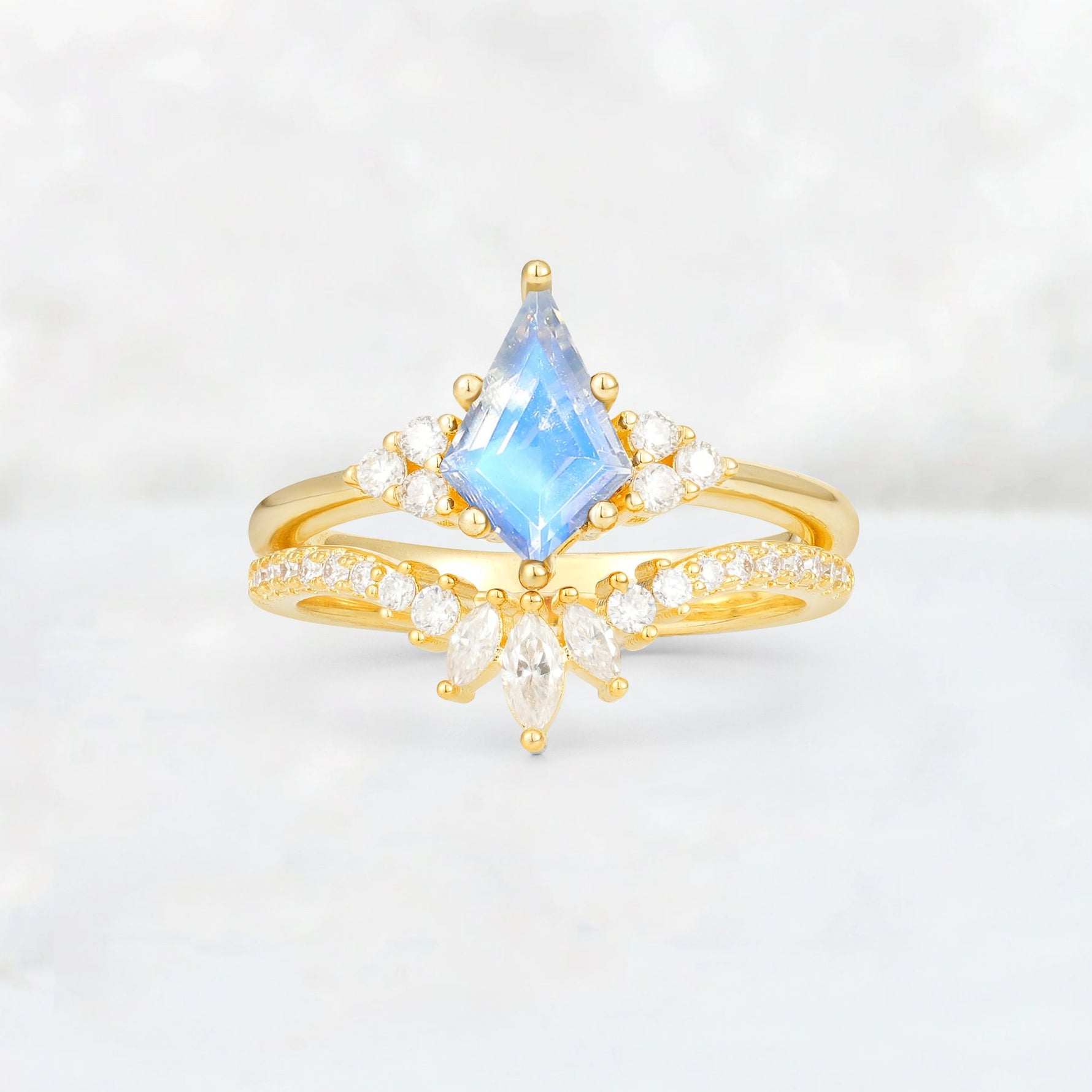 Kite Cut Moonstone Marquise Cluster Bridal Ring Set - Yellow-Gold