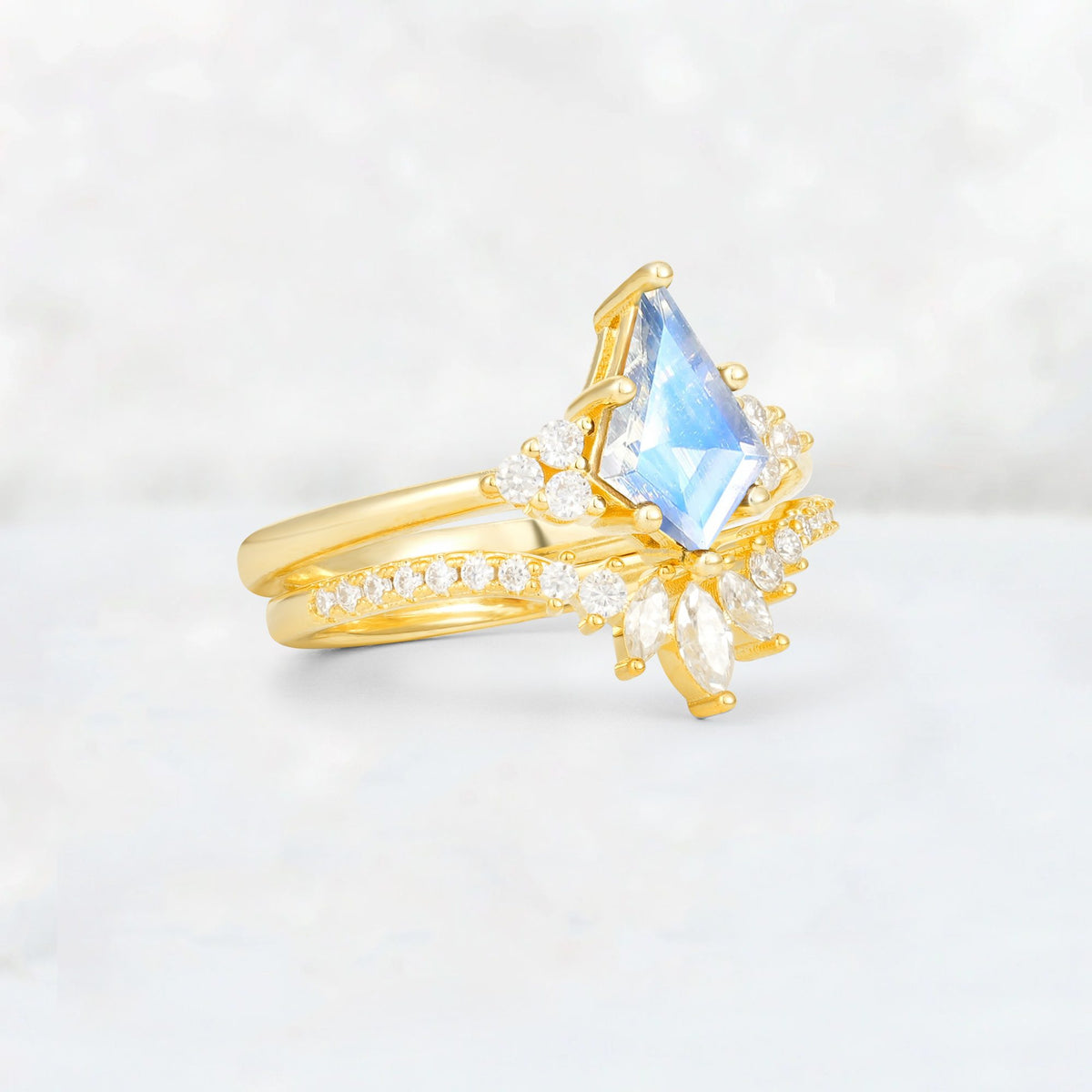Kite Cut Moonstone Marquise Cluster Bridal Ring Set - Rose-Gold