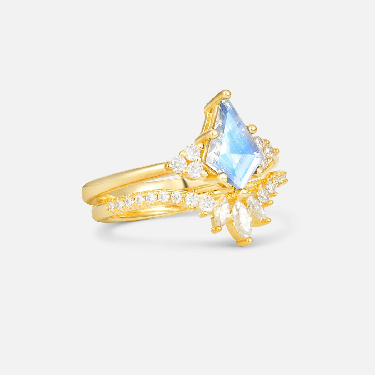 Kite Cut Moonstone Marquise Cluster Bridal Ring Set - Rose-Gold