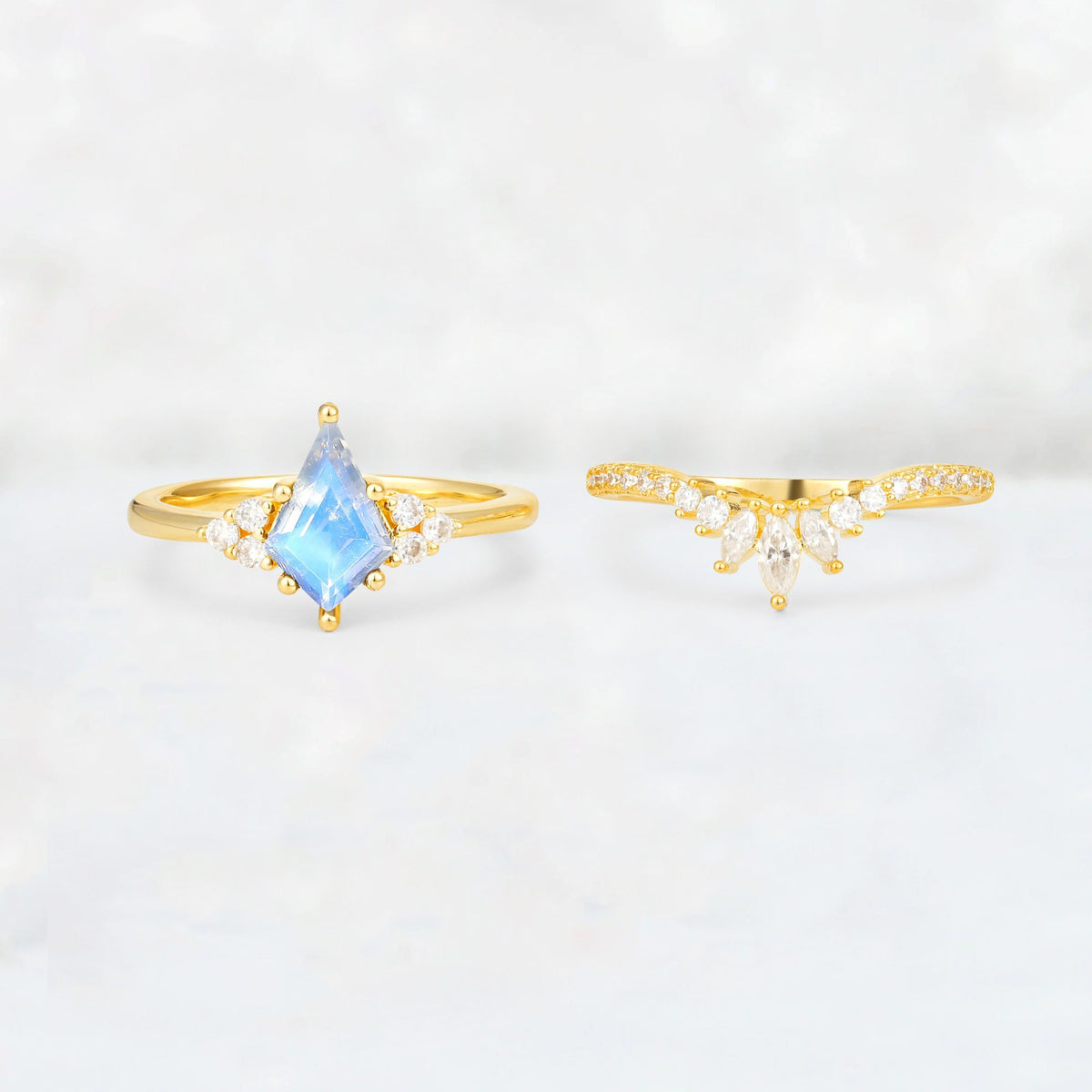 Kite Cut Moonstone Marquise Cluster Bridal Ring Set - White-Gold
