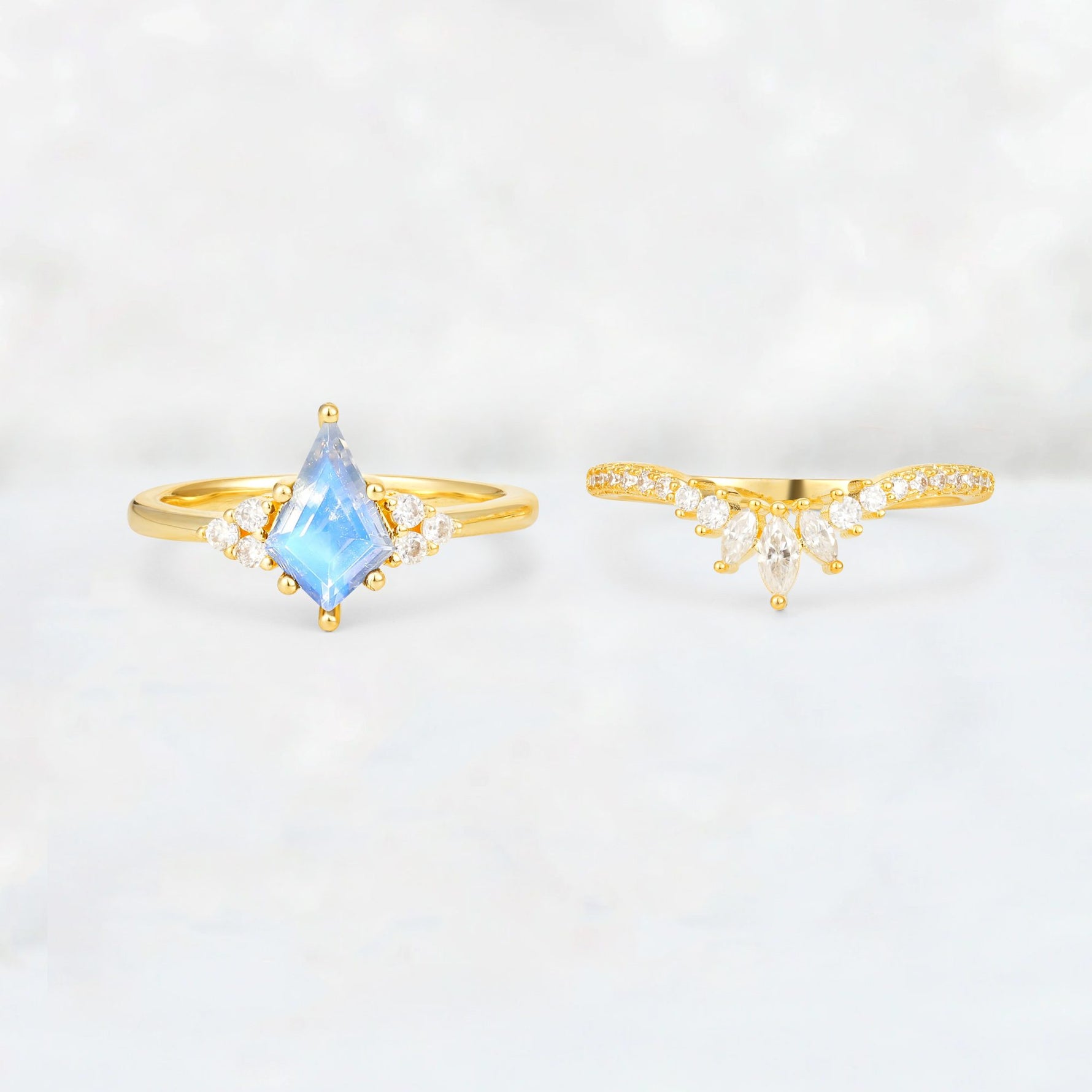 Kite Cut Moonstone Marquise Cluster Bridal Ring Set - White-Gold
