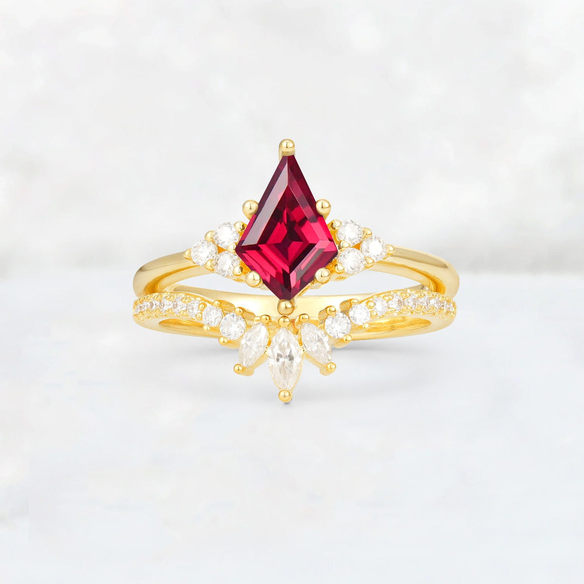 Kite Cut Ruby Marquise Cluster Bridal Ring Set - Yellow-Gold