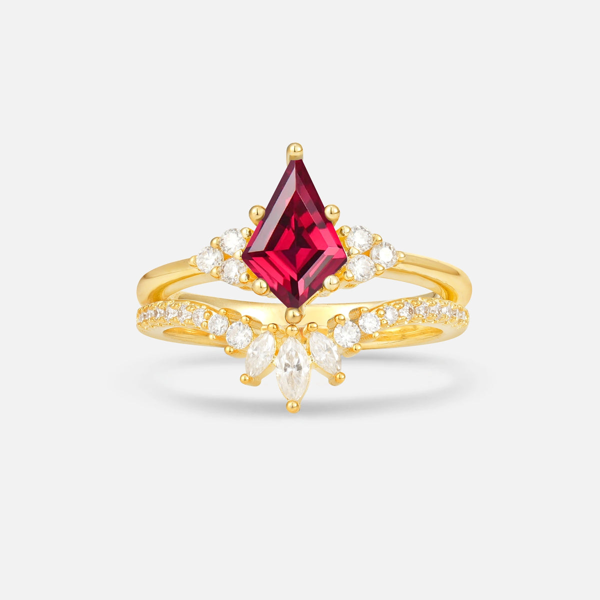 Kite Cut Ruby Marquise Cluster Bridal Ring Set - Yellow-Gold