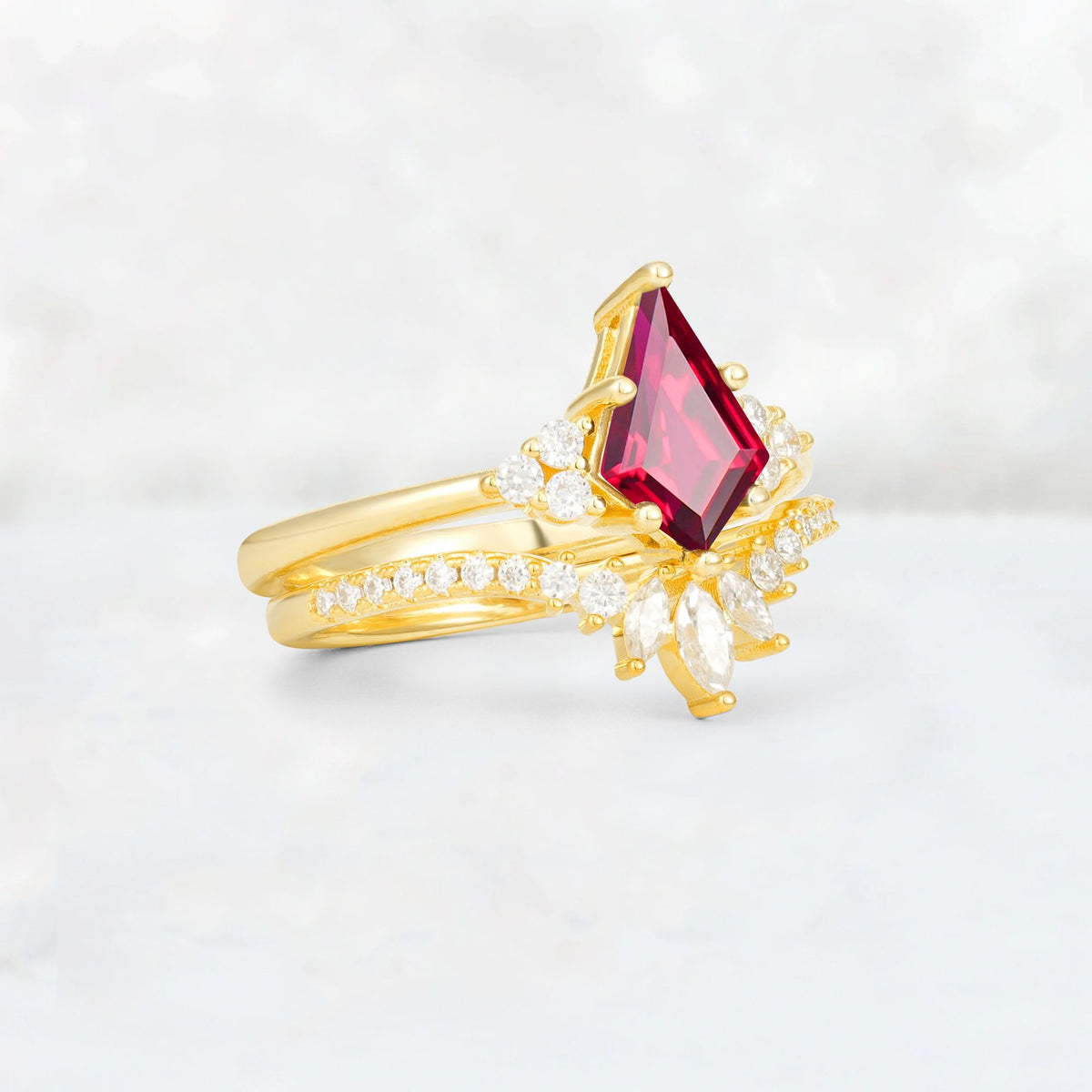 Kite Cut Ruby Marquise Cluster Bridal Ring Set - Rose-Gold