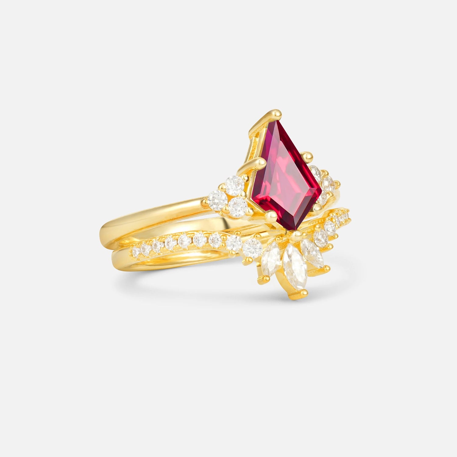 Kite Cut Ruby Marquise Cluster Bridal Ring Set - Rose-Gold